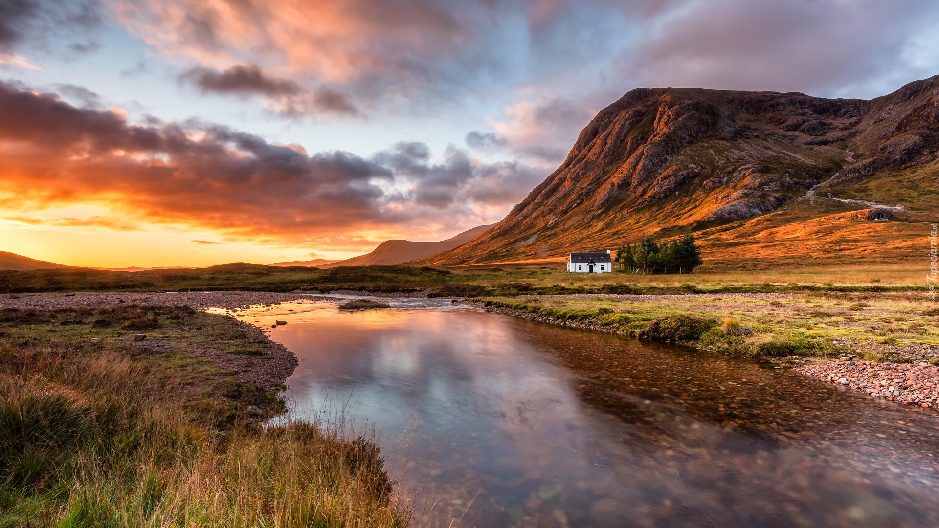Góry, Wschód słońca, Rzeka Coe, Dom, Glencoe, Szkocja
