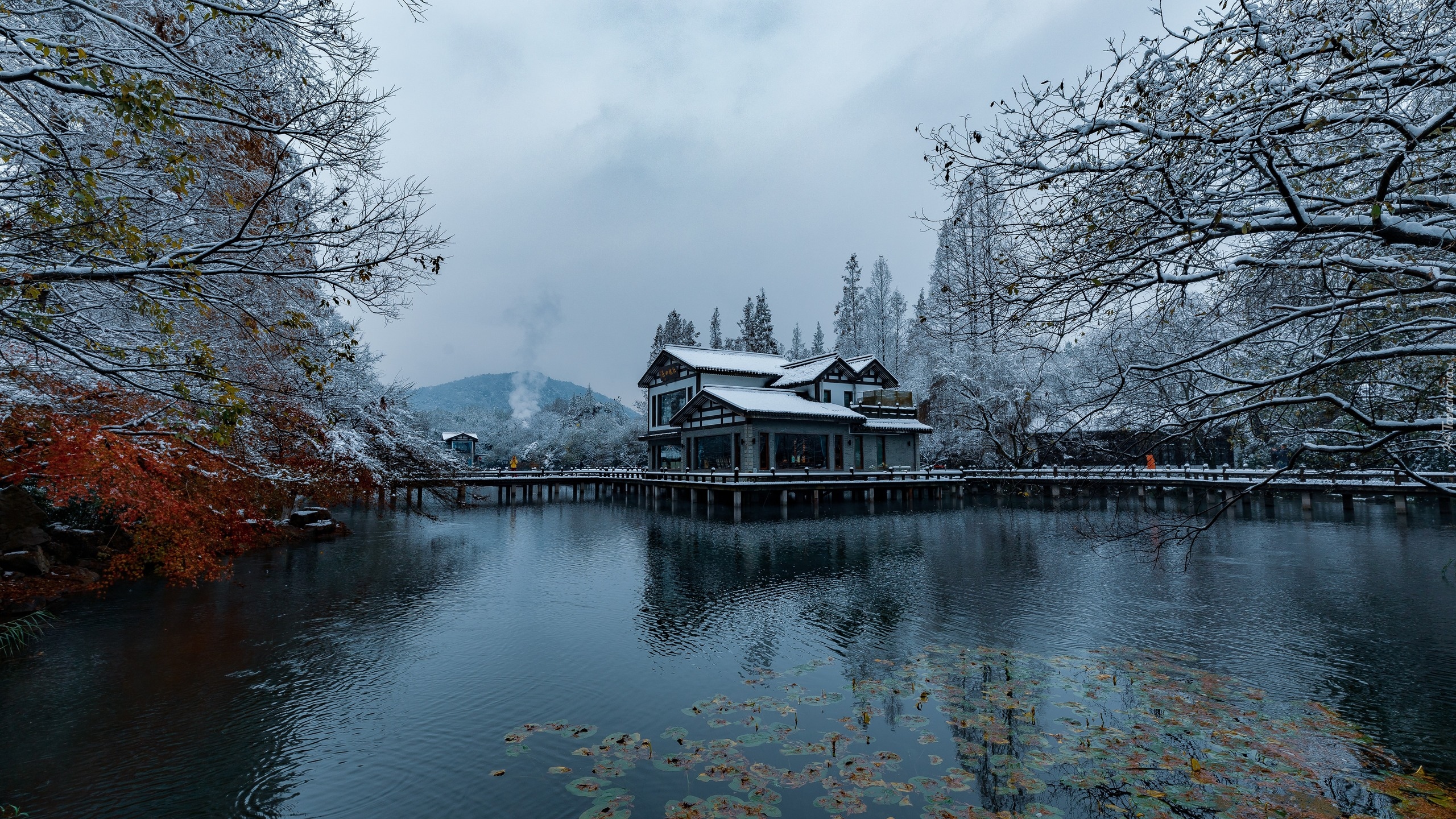 Park, Staw, Dom, Pomost, Drzewa, Góry, Zima, Hangzhou, Chiny