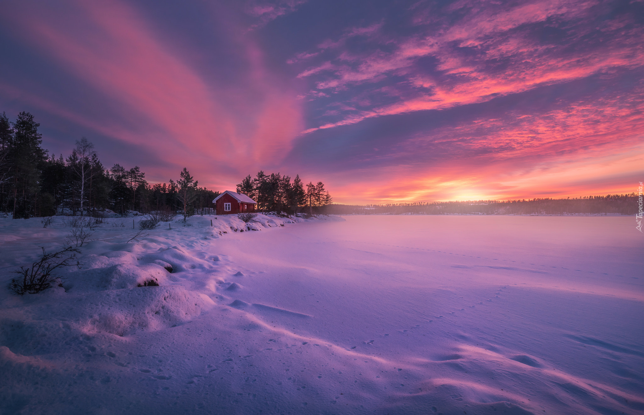 Norwegia, Ringerike, Jezioro, Drzewa, Dom, Chmury, Zachód słońca, Zima