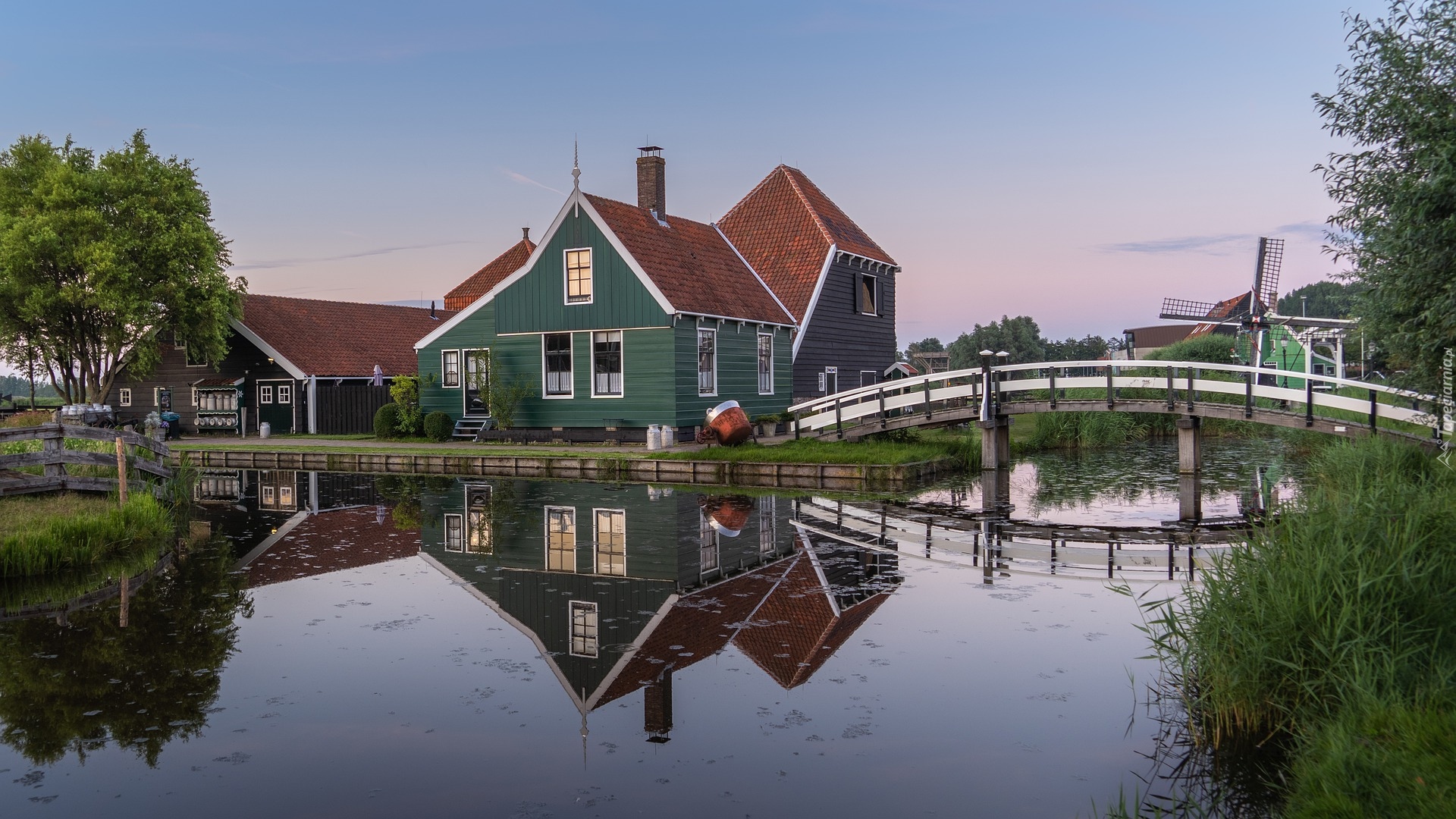 Domy, Wiatrak, Most, Kanał, Skansen Zaanse Schans, Zaandam, Holandia