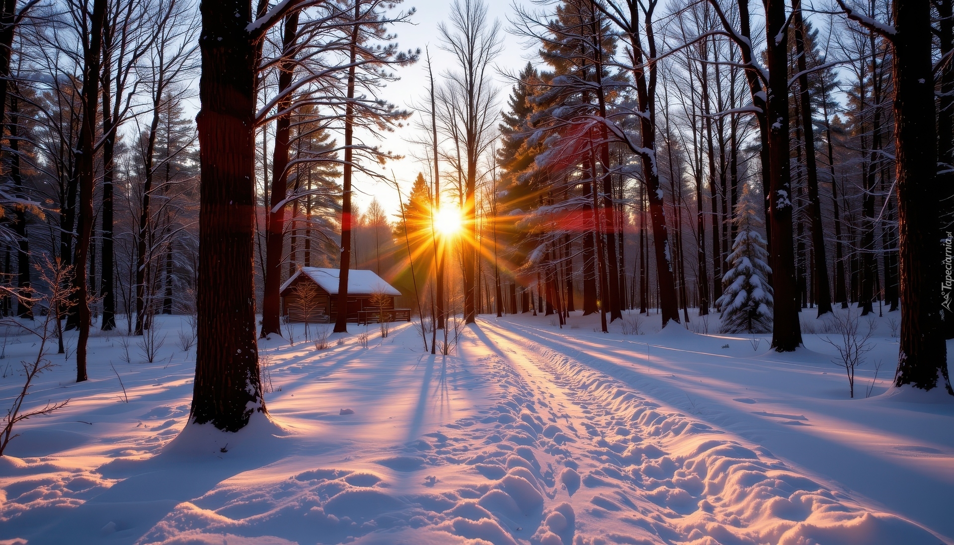 Zima, Śnieg, Ścieżka, Las, Drzewa, Dom, Promienie słońca, AI