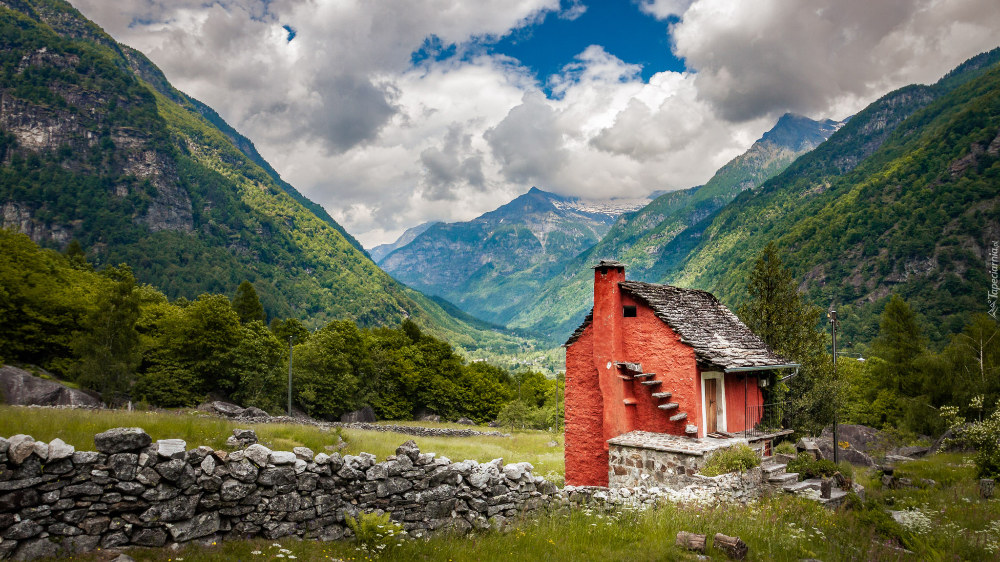 Dom, Góry, Drzewa, Kamienie, Dolina, Valle Verzasca, Szwajcaria