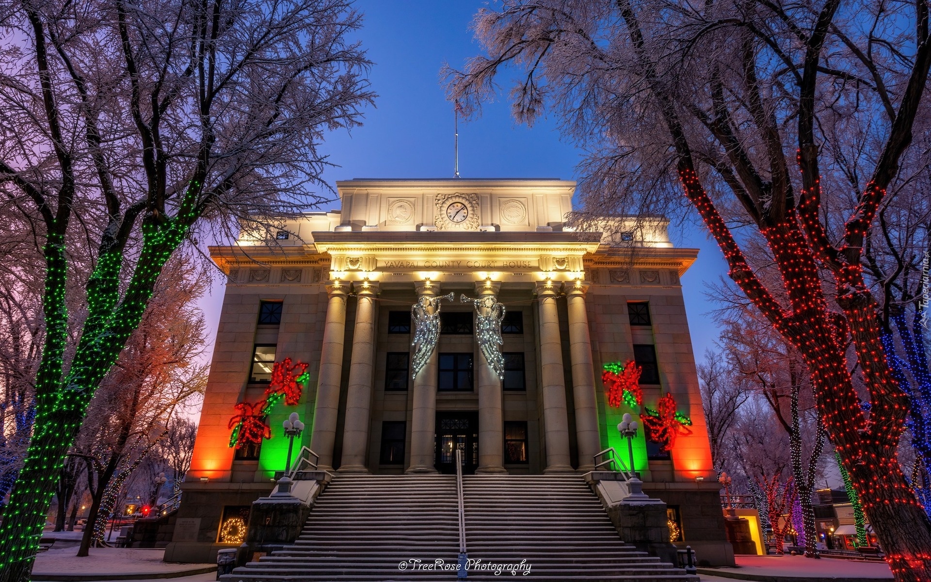 Stany Zjednoczone, Arizona, Prescott, Dom, Courthouse, Drzewa, Noc, Oświetlenie