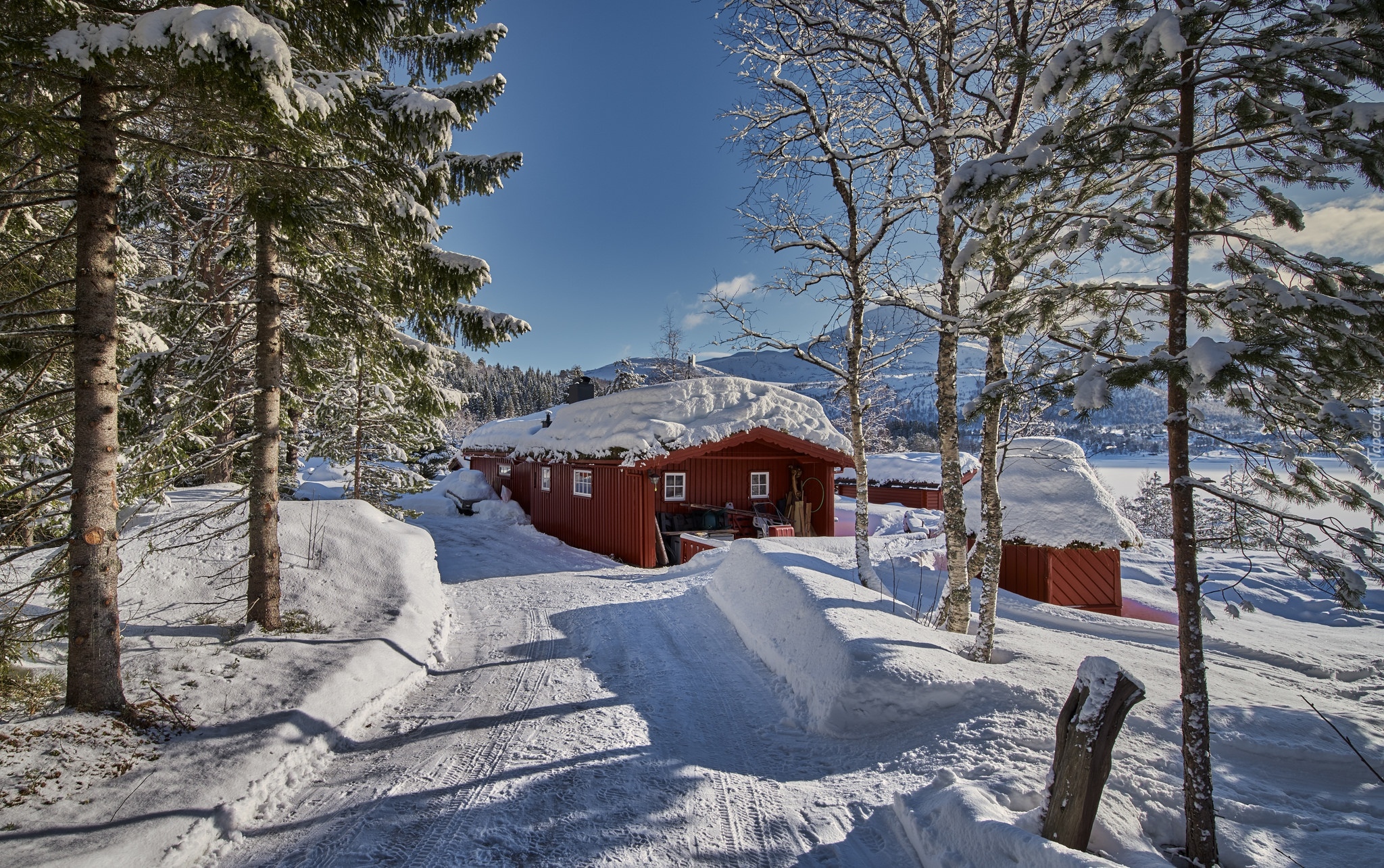 Norwegia, Region More og Romsdal, Sykkylven, Zima, Góry, Droga, Dom, Drzewa