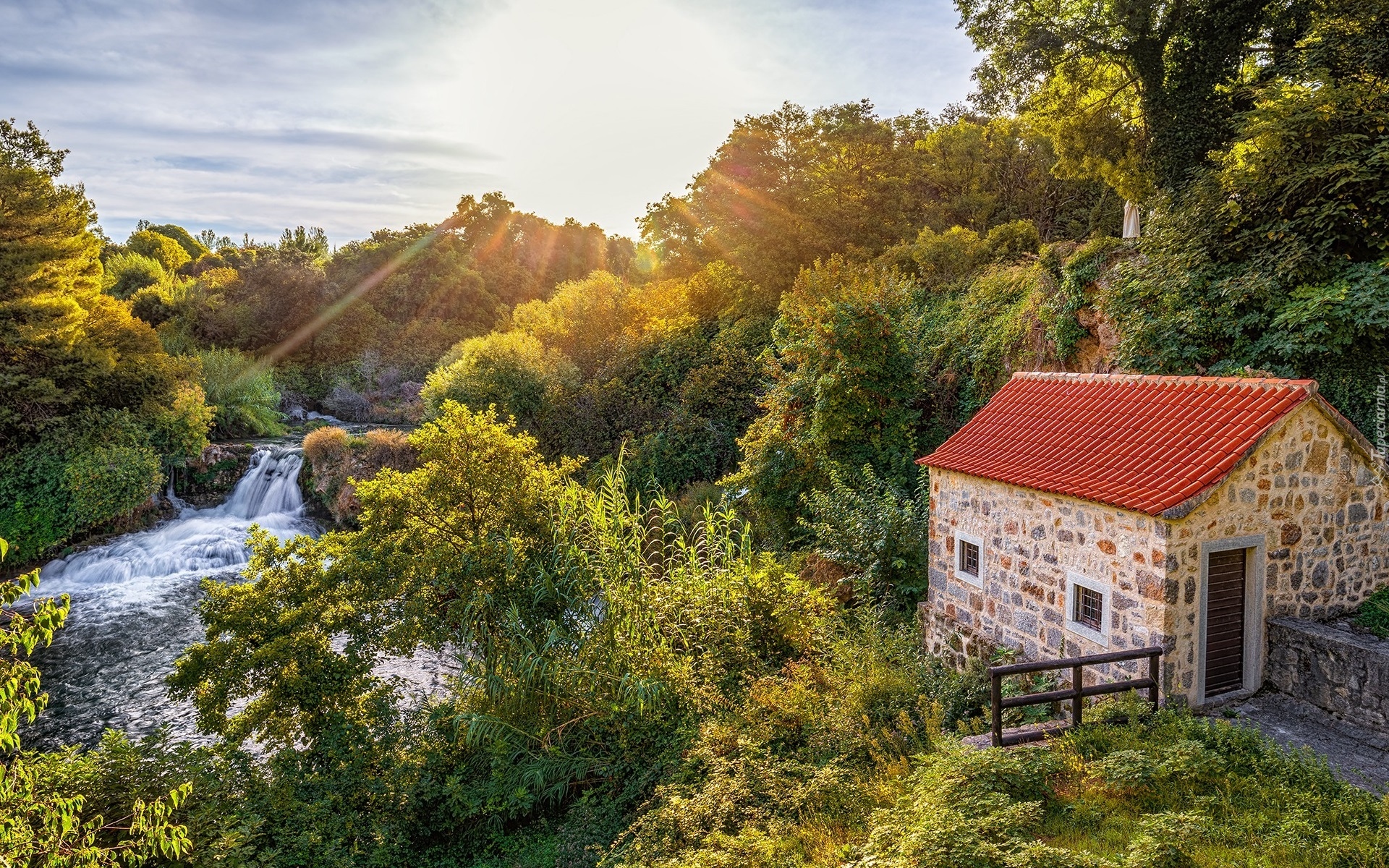 Park Narodowy Krka, Rzeka, Wodospad, Dom, Drzewa, Chorwacja