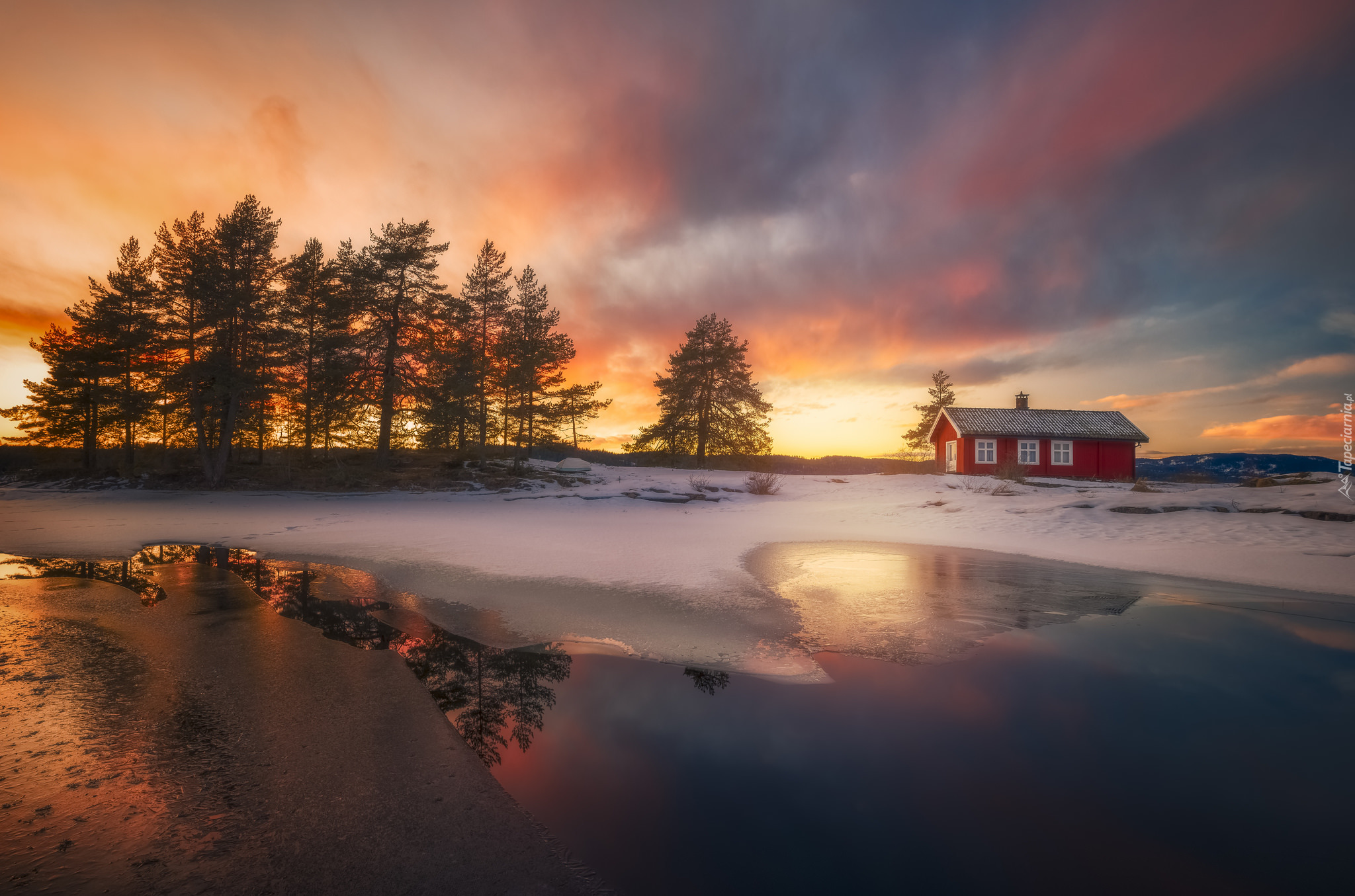 Ringerike, Norwegia, Zima, Jezioro, Domek, Zachód Słońca, Drzewa