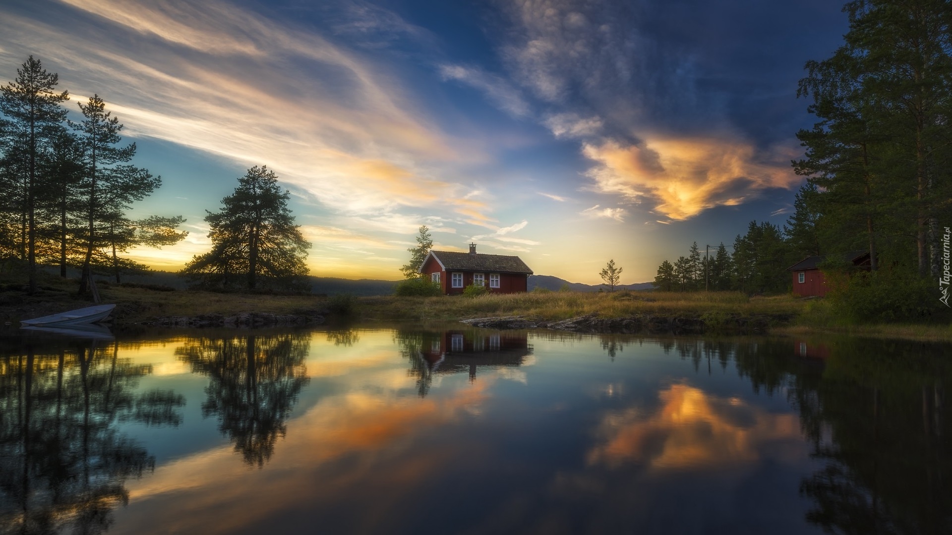 Chmury, Jezioro Vaeleren, Łódka, Dom, Drzewa, Odbicie, Ringerike, Norwegia