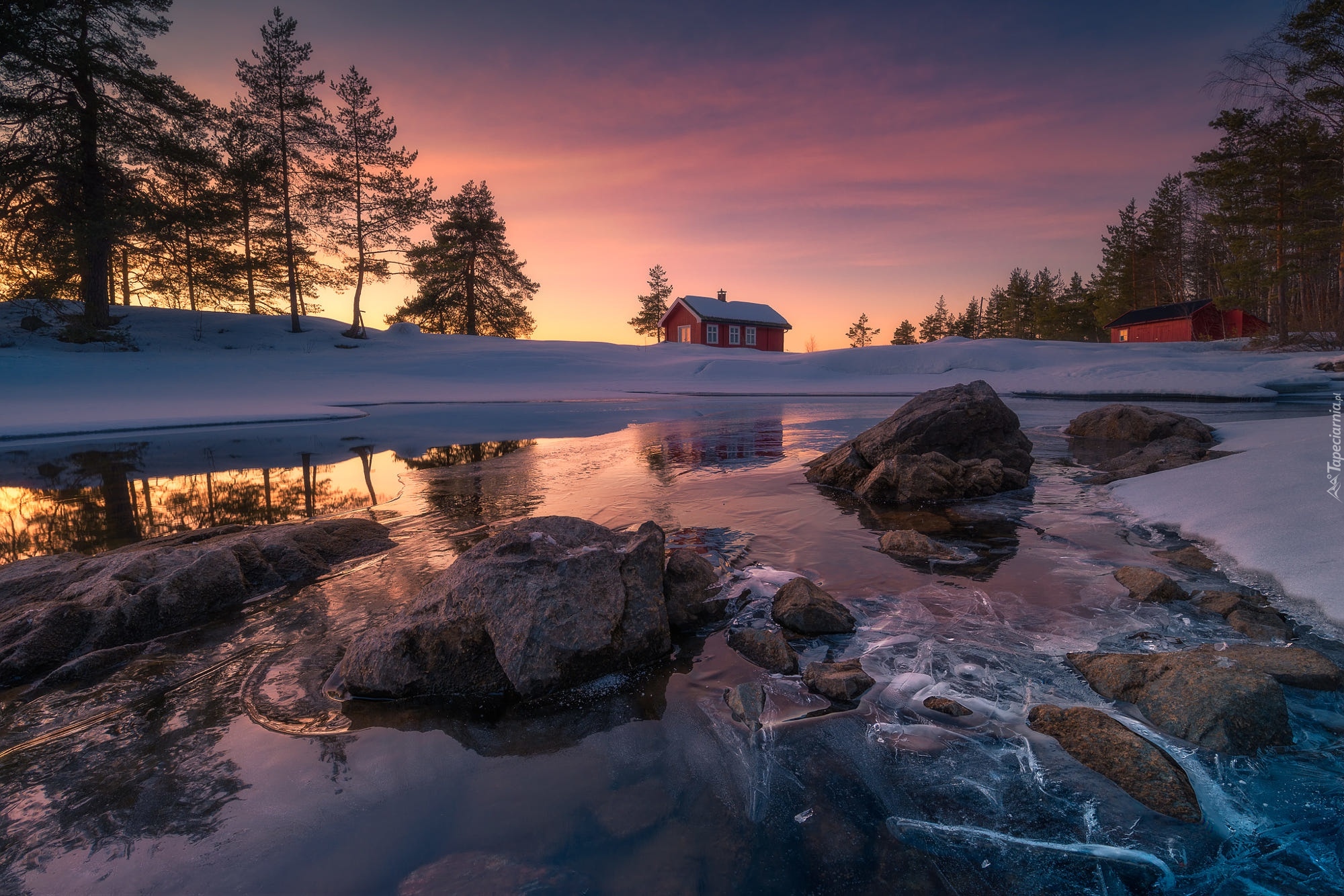 Norwegia, Ringerike, Zima, Jezioro Vaeleren, Kamienie, Zachód słońca, Drzewa, Dom