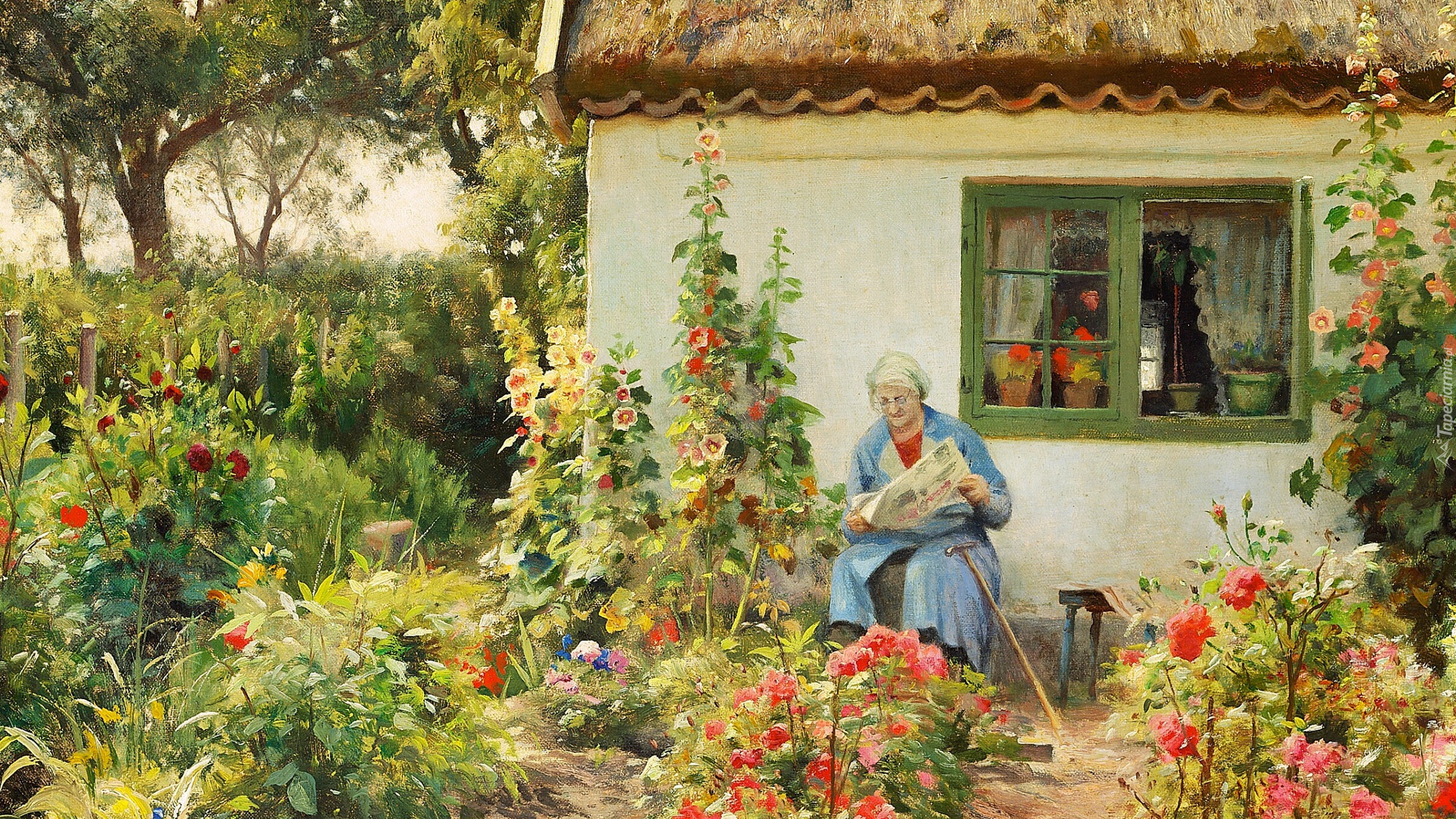 Kobieta, Babcia, Ogród, Kwiaty, Dom, Malarstwo, Obraz, Peder Monsted