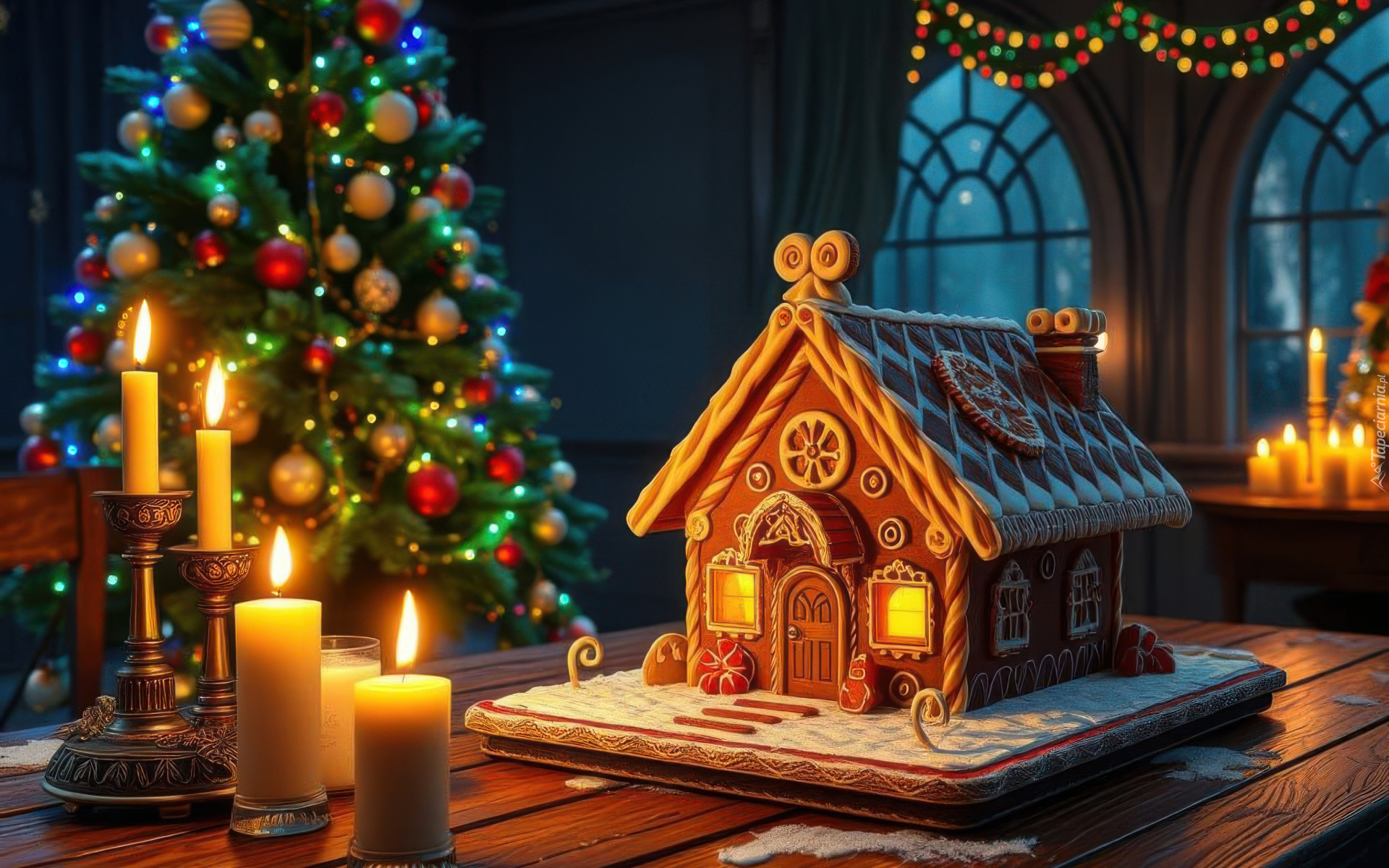 Boże Narodzenie, Choinka, Domek, Piernik, Świece