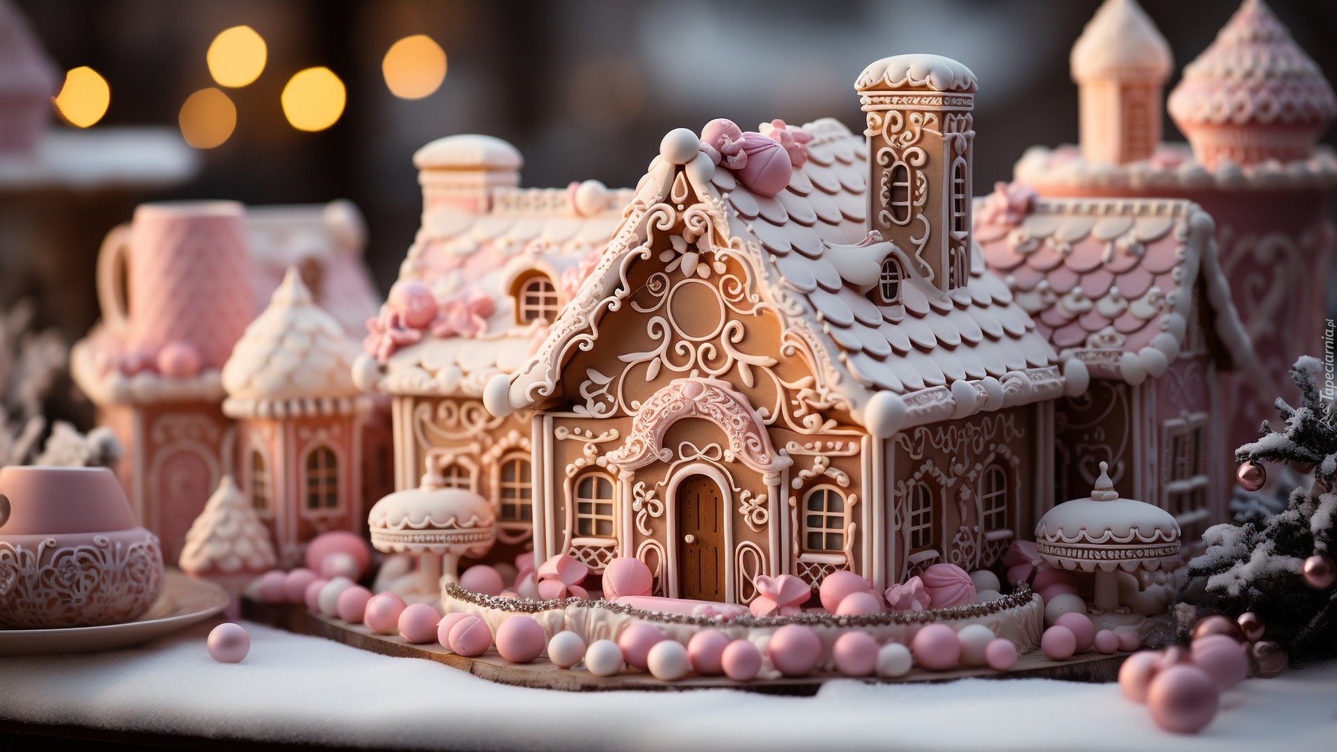 Boże Narodzenie, Piernik, Udekorowany, Domek, Różowe, Białe, Kulki, Al