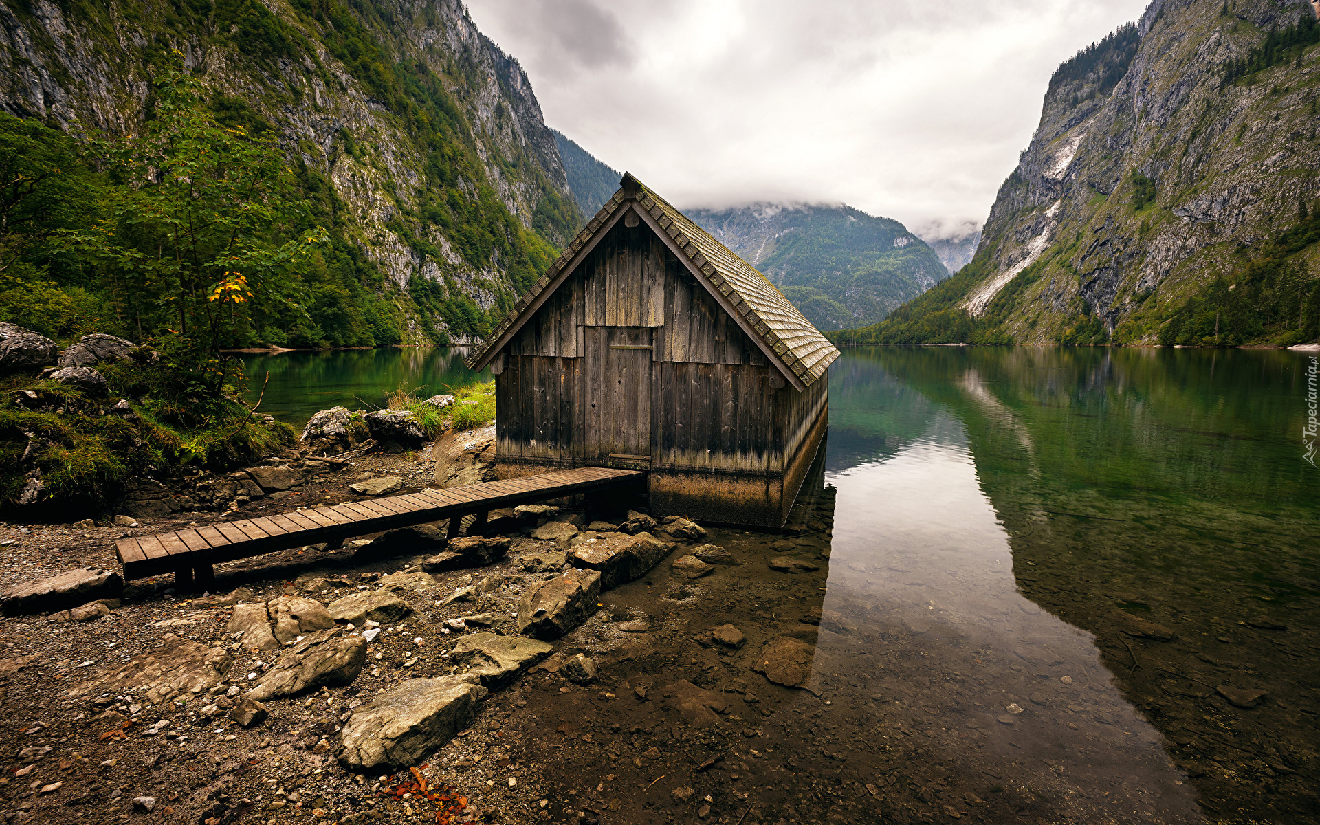 Jezioro Obersee, Park Narodowy Berchtesgaden, Góry, Alpy, Domek, Kamienie, Bawaria, Niemcy