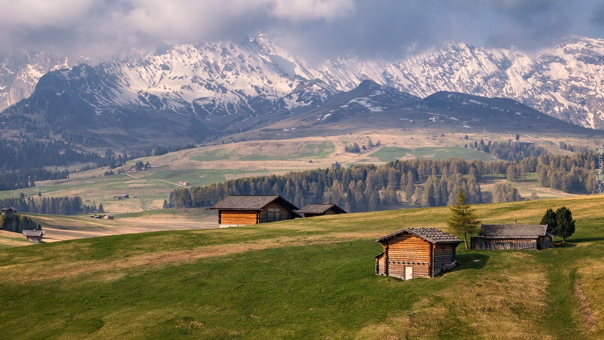 Dolomity, Góry Sassolungo, Drewniane, Domki, Płaskowyż Seiser Alm, Dolina Val Gardena, Drzewa, Chmury, Włochy