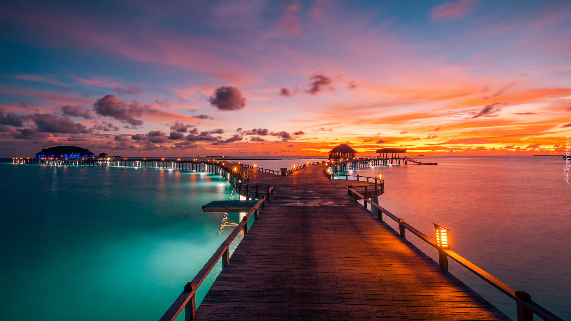 Morze, Zachód słońca, Pomosty, Domki, Malediwy