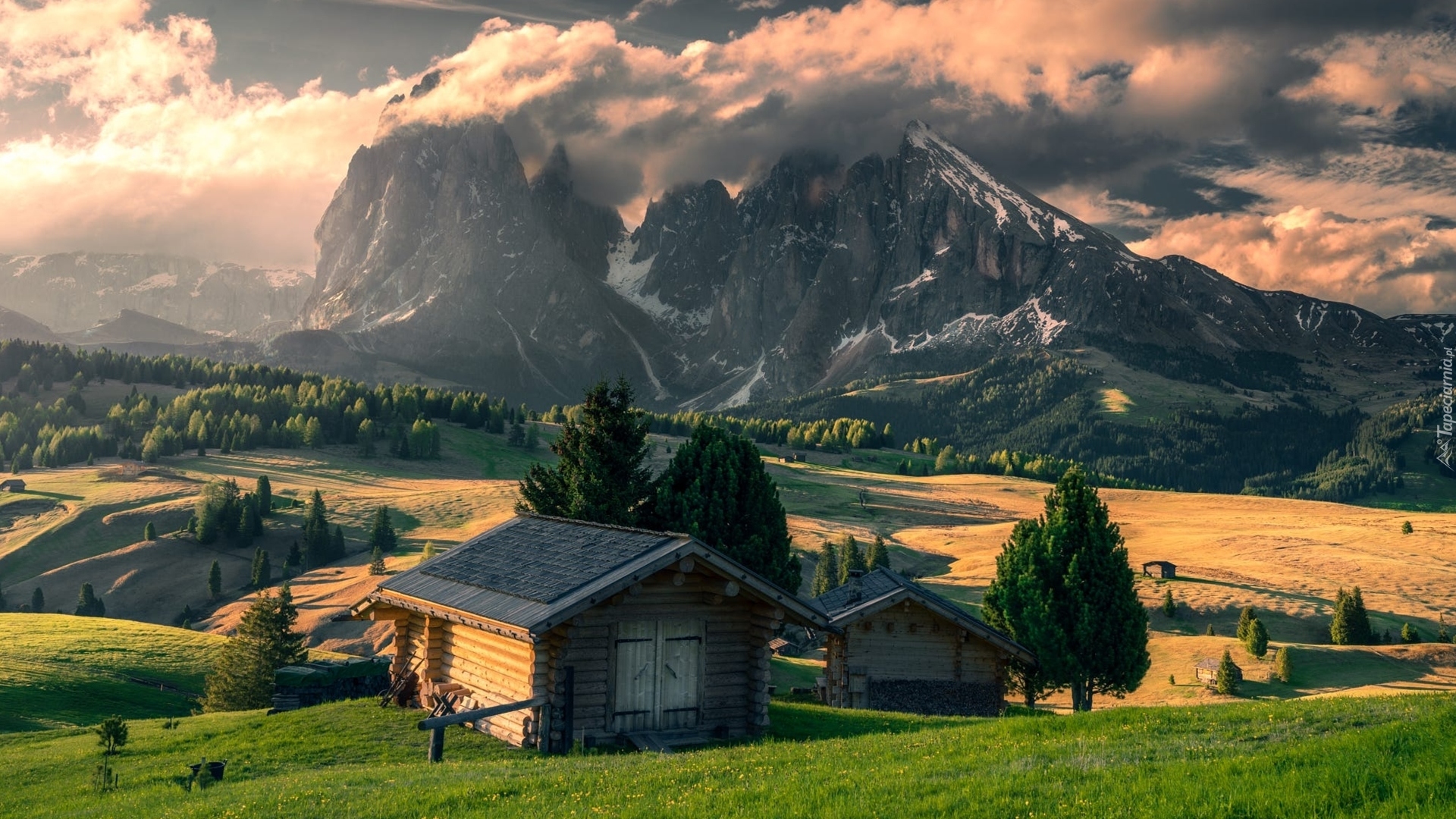 Włochy, Dolomity, Góry Sassolungo, Dolina Val Gardena, Wschód słońca, Domki, Drzewa