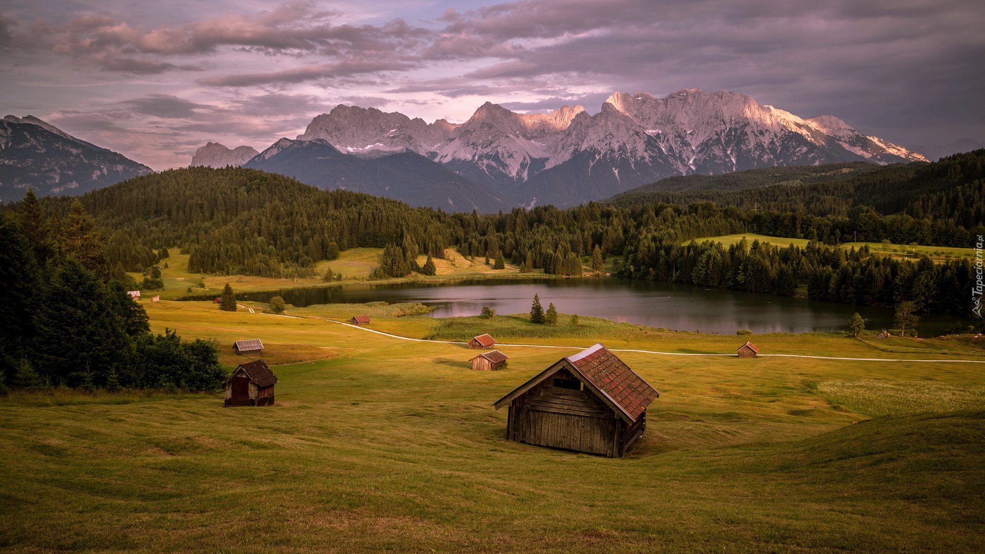 Niemcy, Bawaria, Góry Alpy, Jezioro Wagenbrüchsee, Lasy, Domy