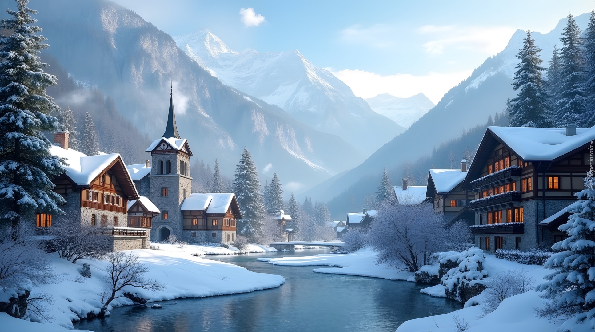 Zima, Miasteczko, Domy, Kościół, Rzeka, Góry
