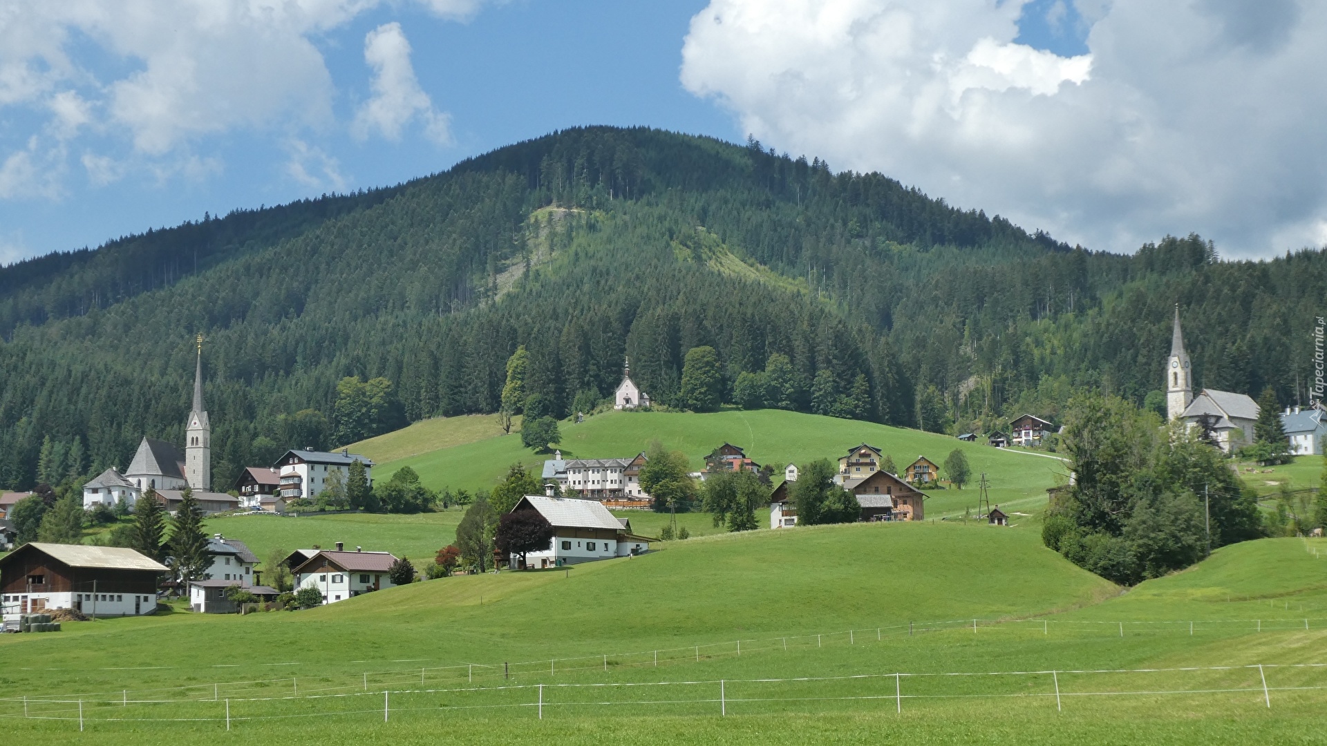 Wzgórze, Łąki, Kościoły, Domy, Gosau, Powiat Gmunden, Austria