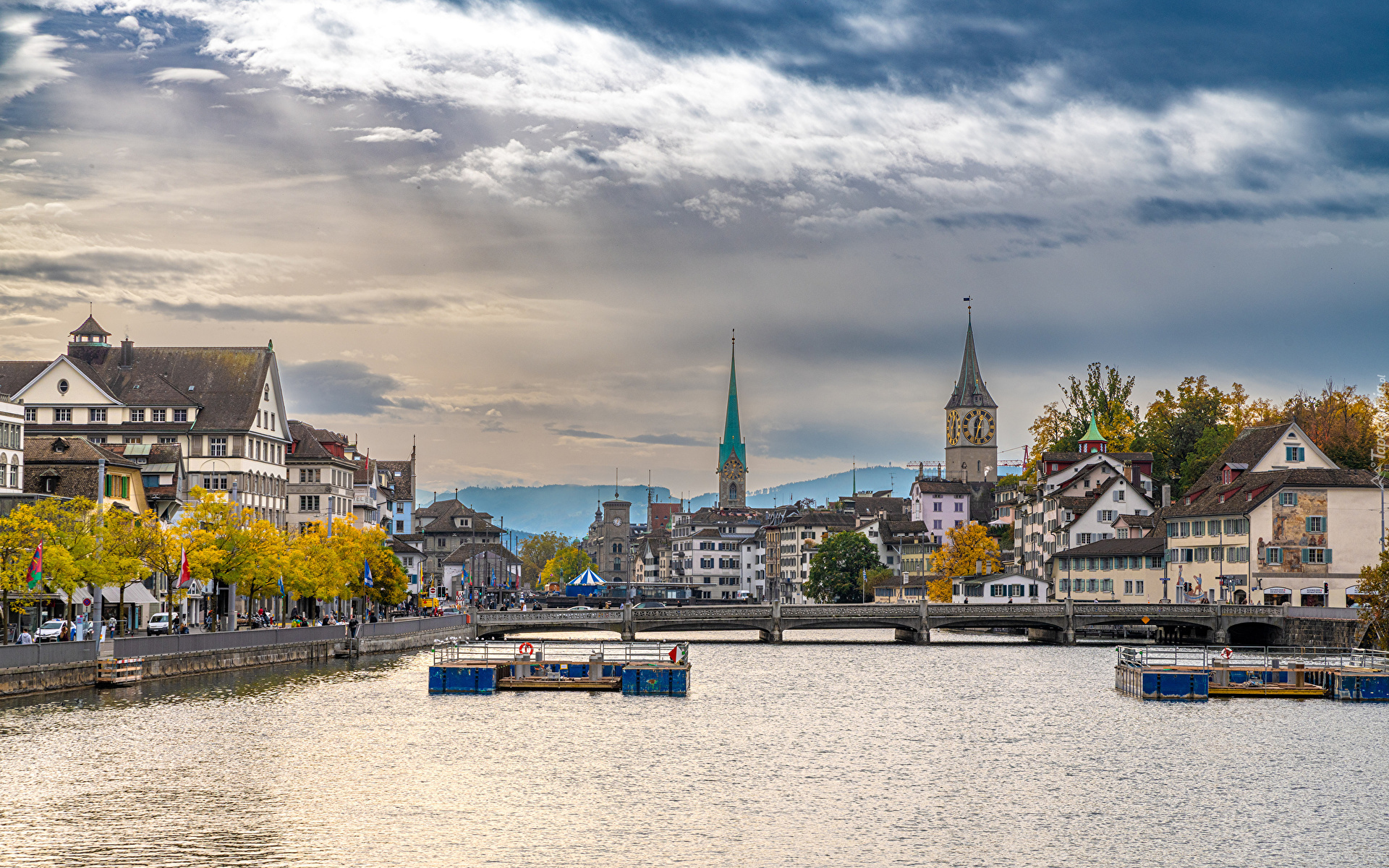 Szwajcaria, Zurych, Rzeka Limmat, Most, Niebo, Chmury, Domy