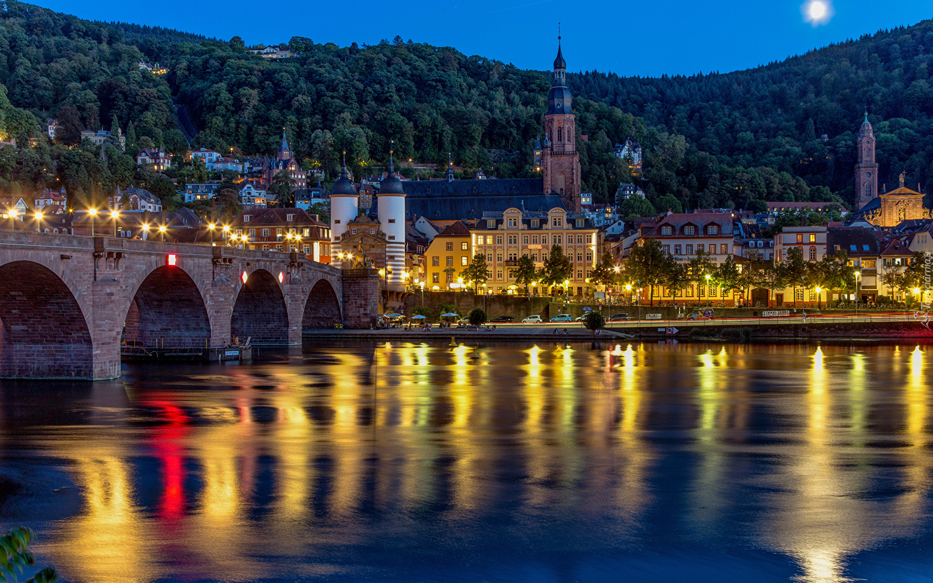 Niemcy, Heidelberg, Most, Rzeka Neckar, Domy, Kościół, Światło, Noc, Odbicie