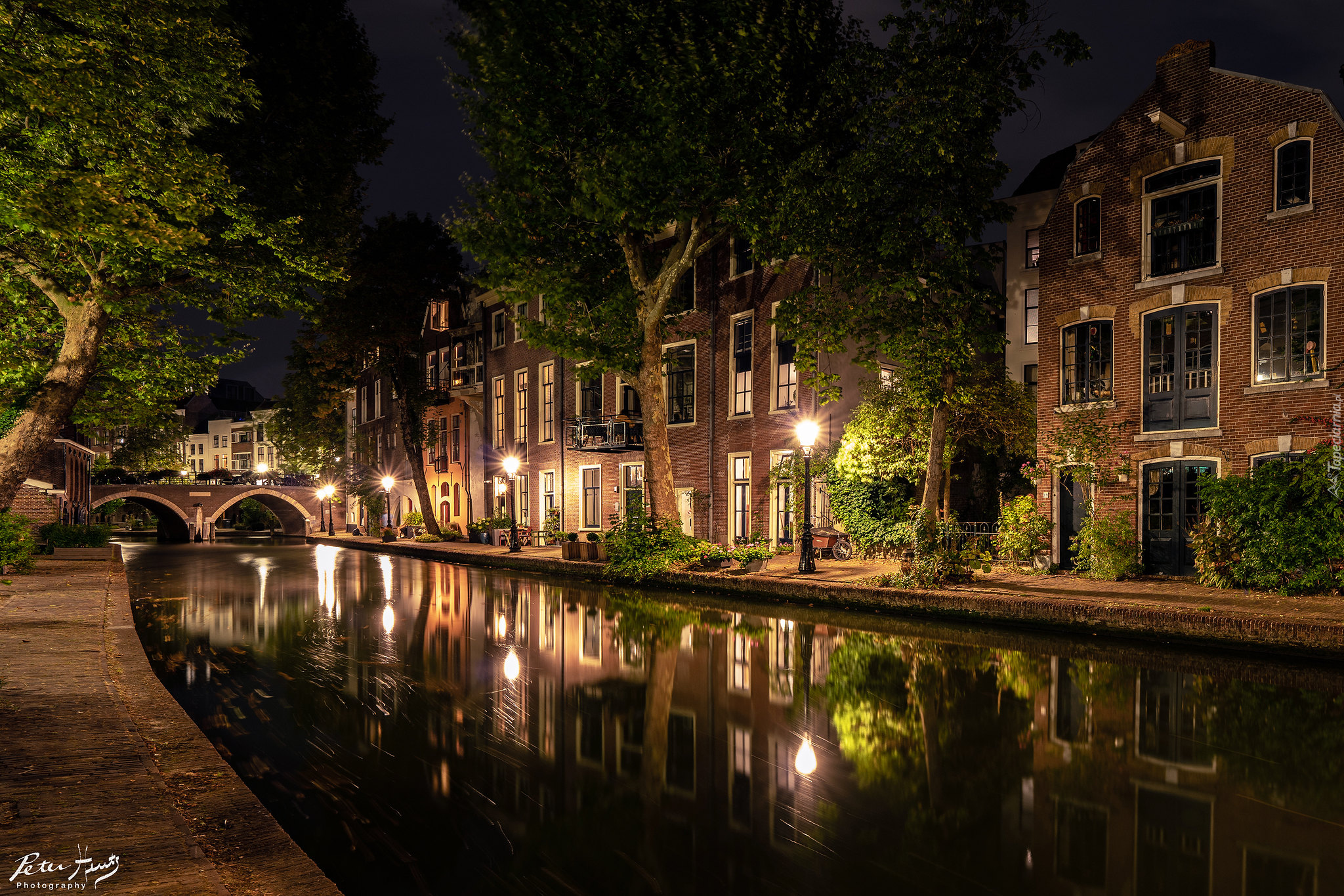 Holandia, Utrecht, Rzeka, Kanał, Domy, Światła, Noc, Most
