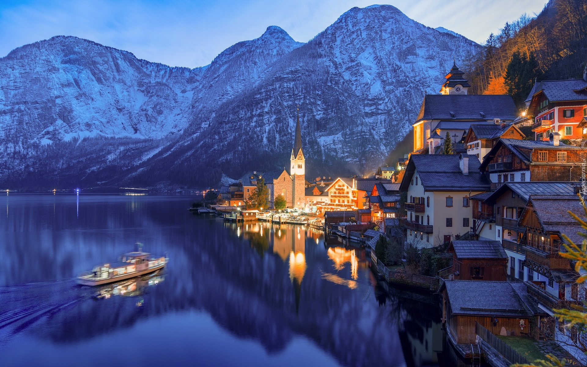 Austria, Hallstatt, Góry, Jezioro, Hallstattersee, Domy, Kościół