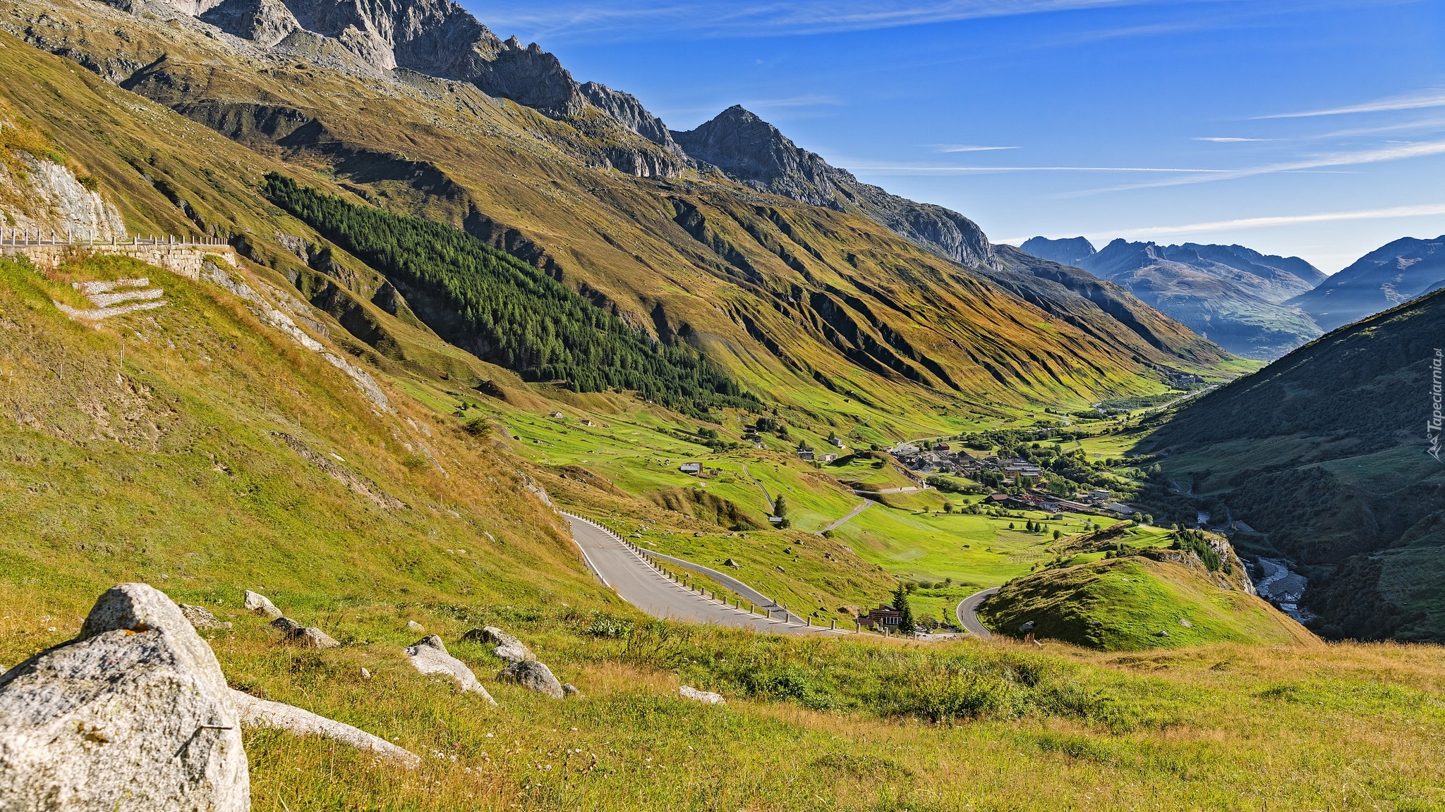 Góry, Alpy Berneńskie, Przełęcz Furkapass, Łąka, Drzewa, Domy, Dolina, Toggenburg, Szwajcaria