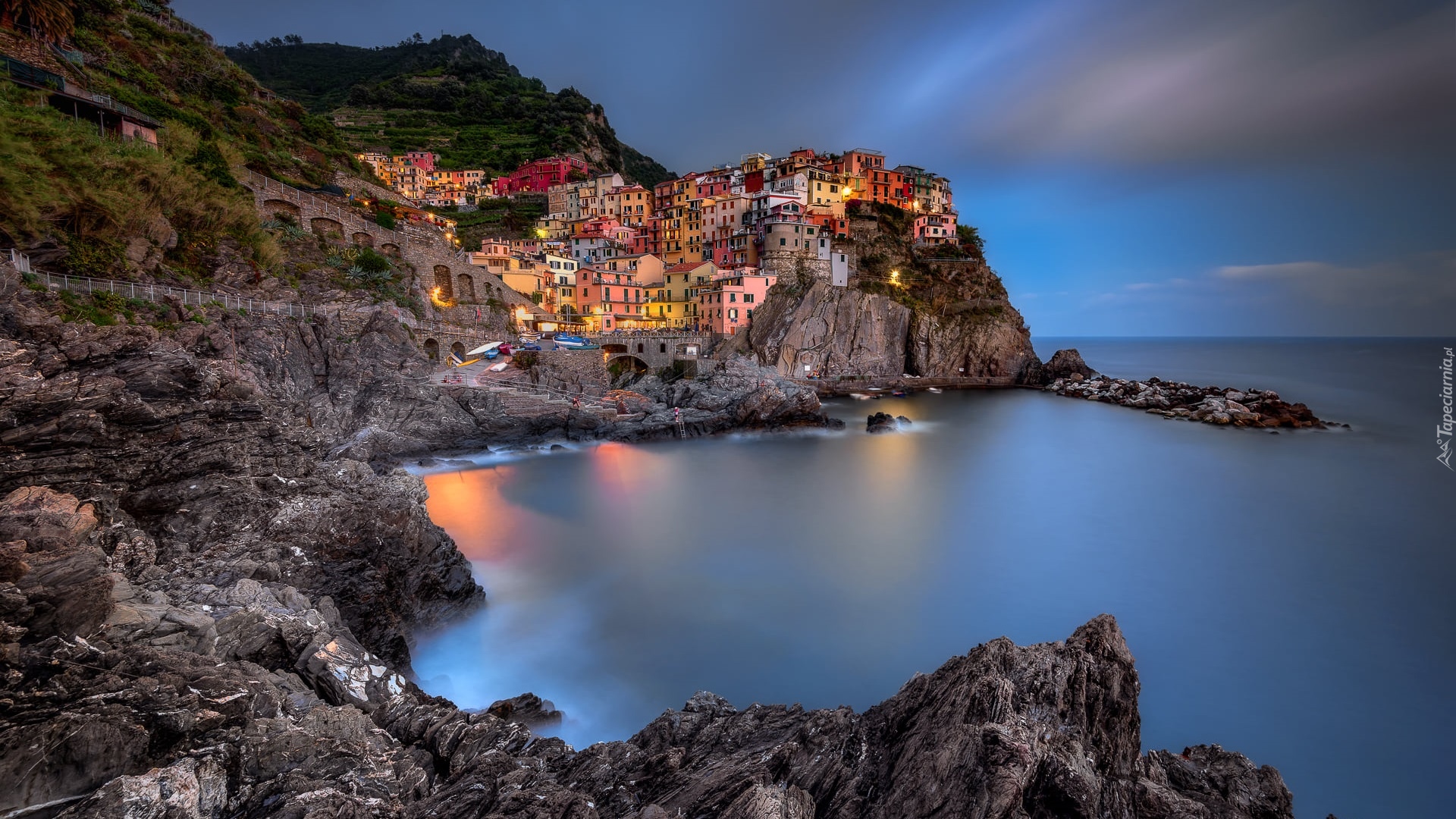 Włochy, Gmina Riomaggiore, Manarola, Cinque Terre, Morze Liguryjskie, Kolorowe, Domy, Zatoka