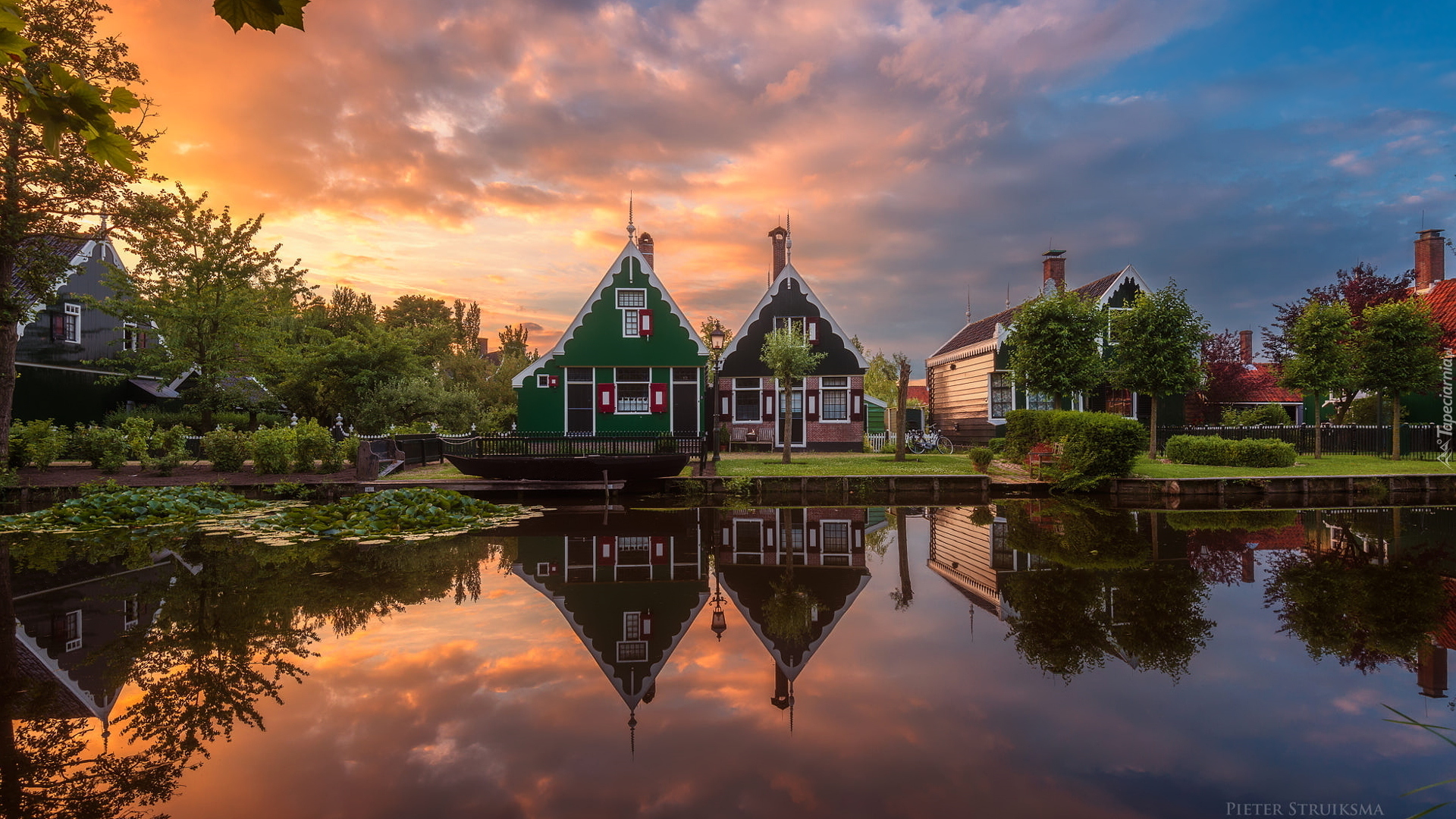 Domy, Drzewa, Skansen Zaanse Schans, Rzeka Zaan, Zachód słońca, Holandia