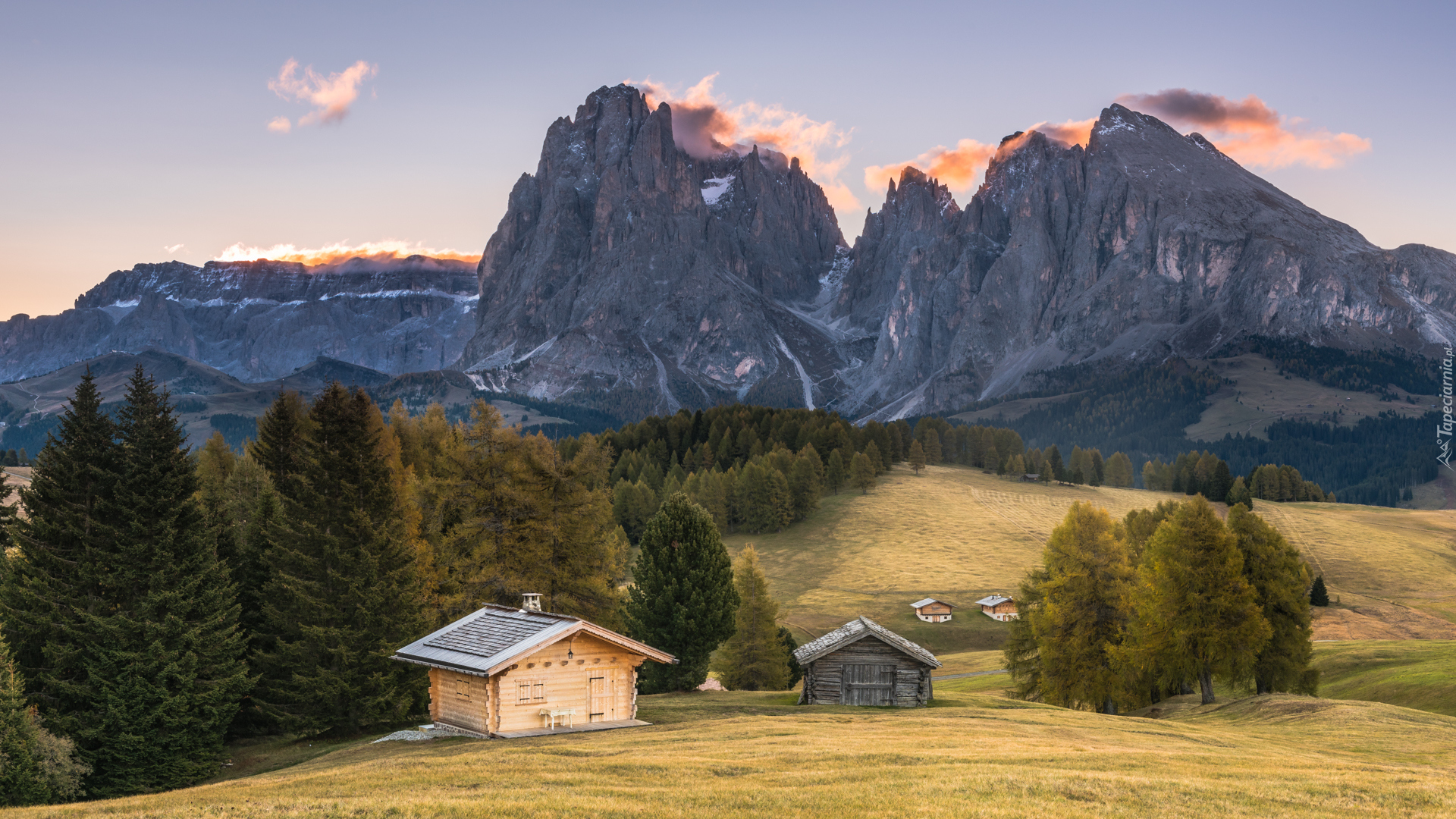 Dolomity, Góry Sassolungo, Dolina, Val Gardena, Drzewa, Drewniane, Domy, Włochy