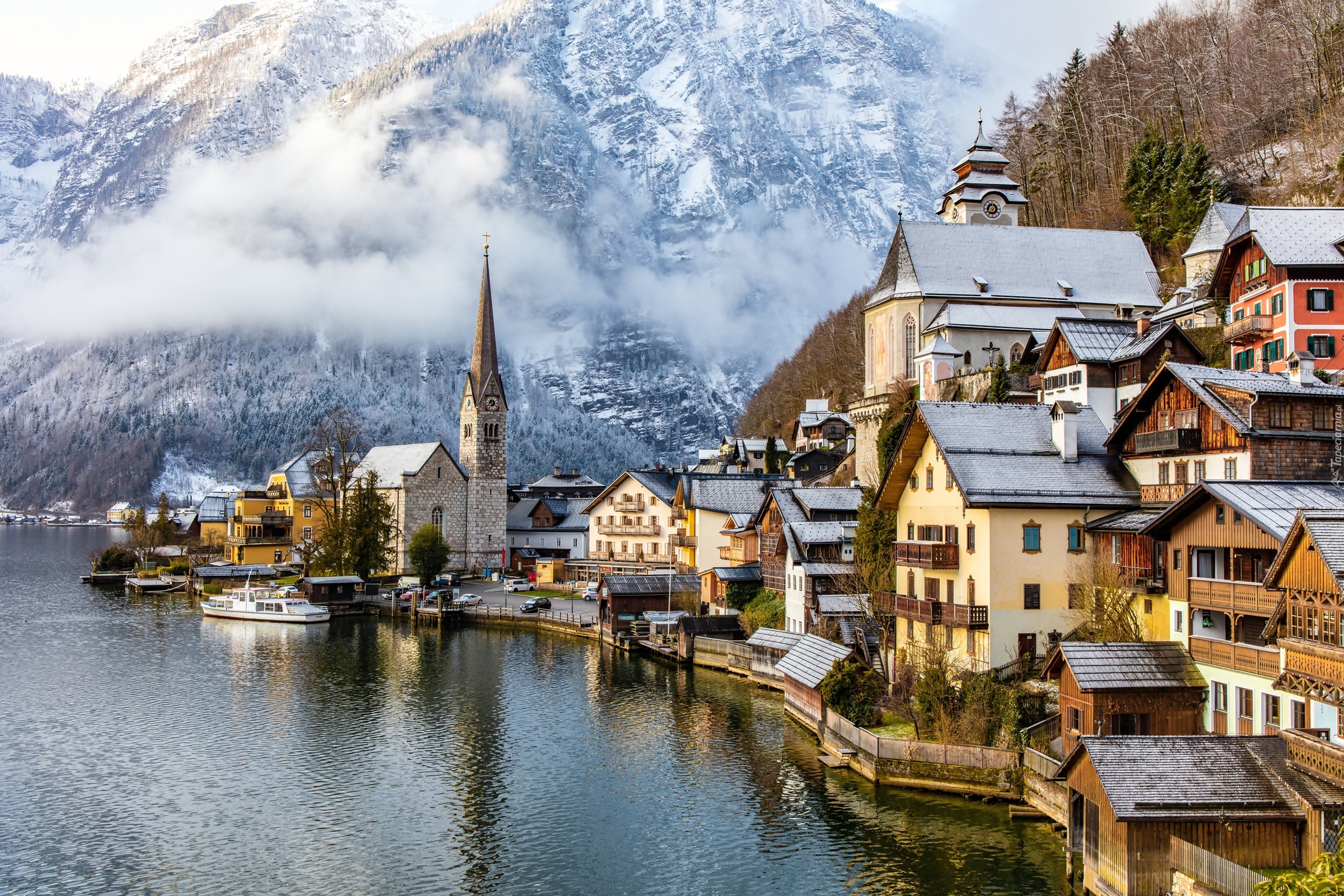 Austria, Hallstatt, Domy, Góry, Jezioro, Zima