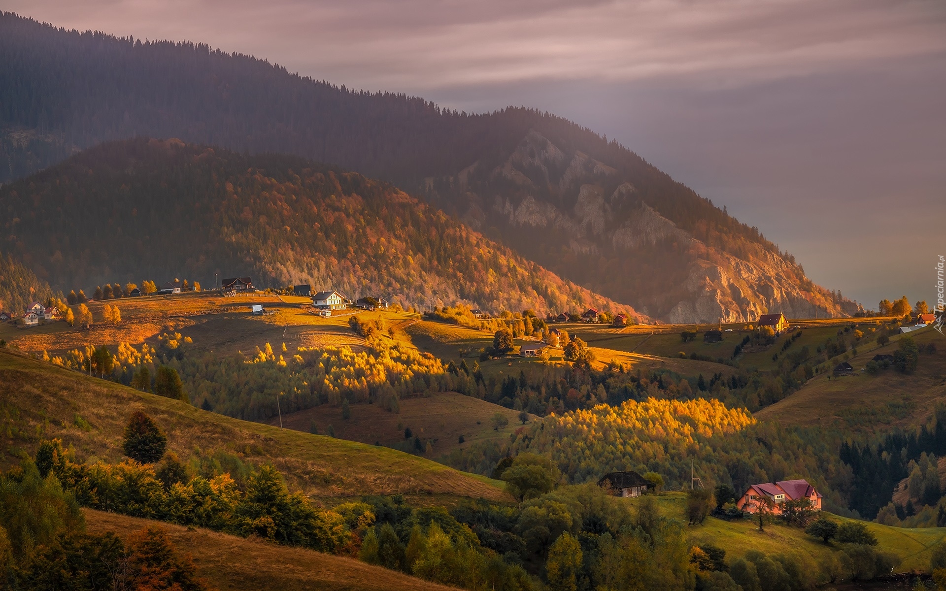 Góry, Wzgórza, Domy, Drzewa