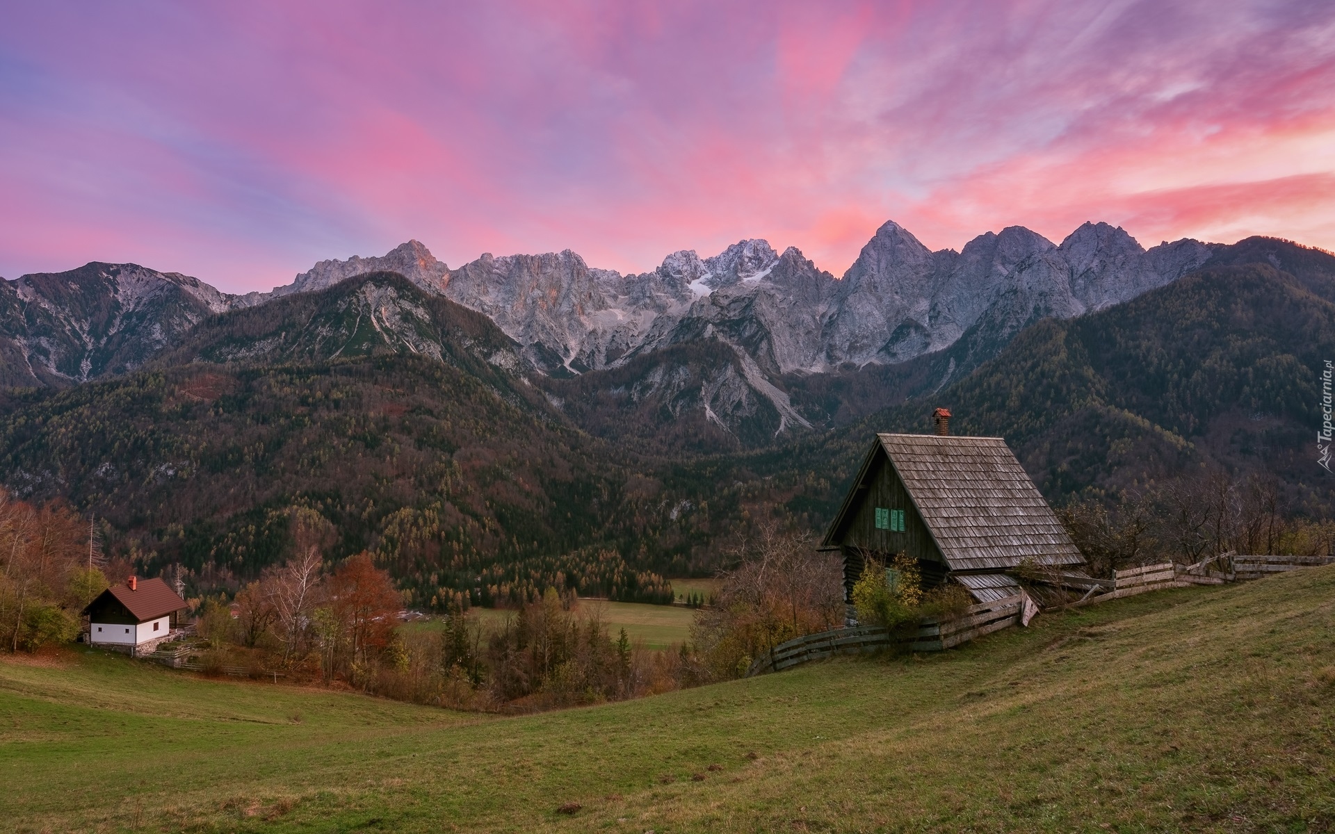 Góry, Alpy Julijskie, Las, Drzewa, Domy, Kranjska Gora, Słowenia
