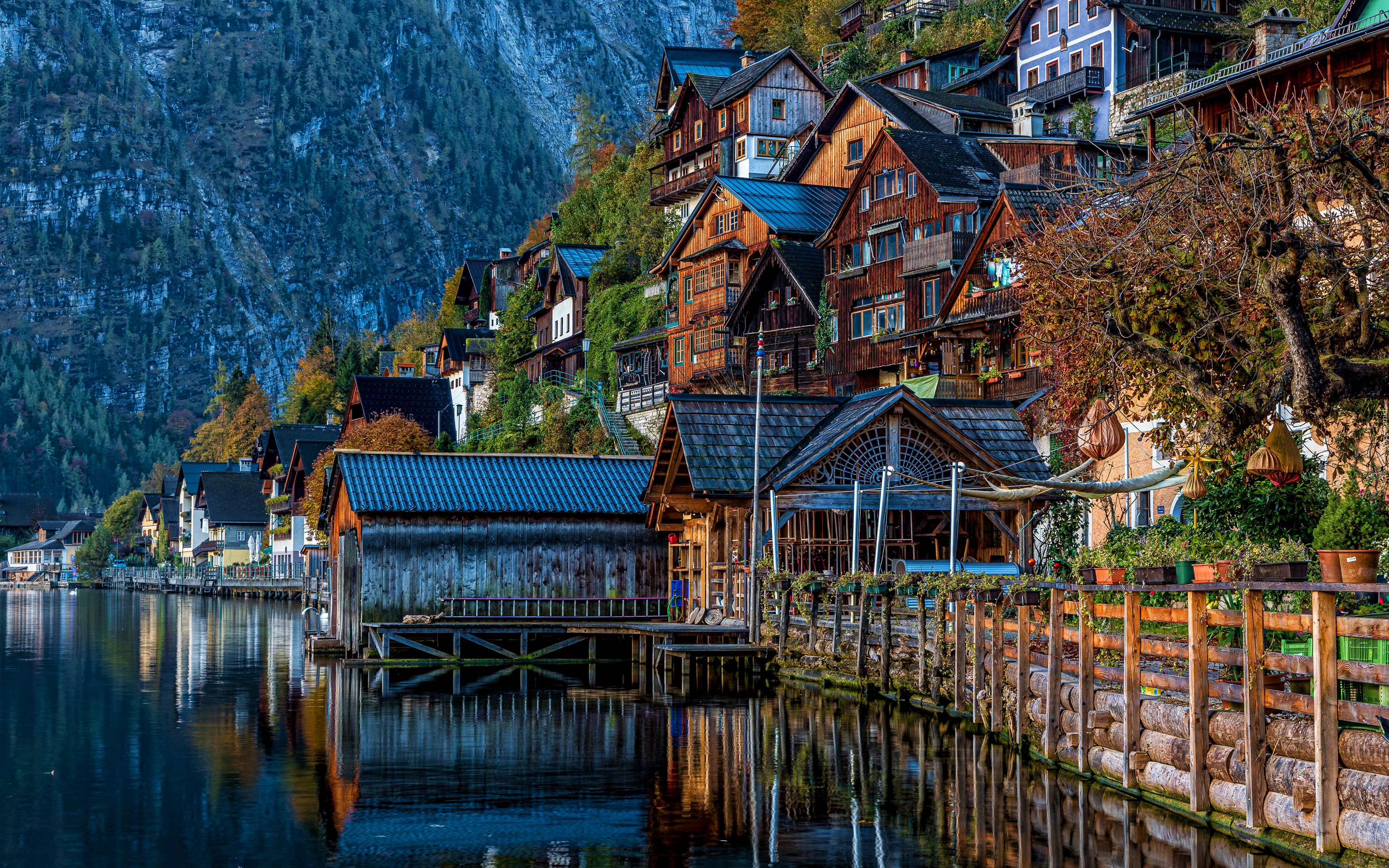 Austria, Hallstatt, Jezioro Hallstattersee, Alpy Salzburskie, Domy, Drzewa