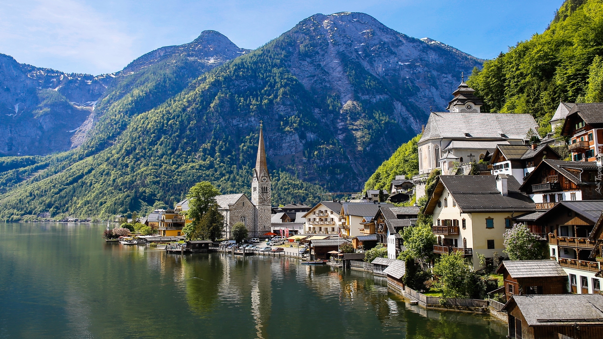 Austria, Hallstatt, Góry Alpy Salzburskie, Jezioro Hallstattersee, Domy