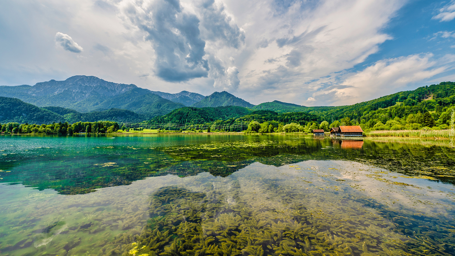 Góry, Las, Domek, Jezioro, Odbicie, Niebo, Cmury