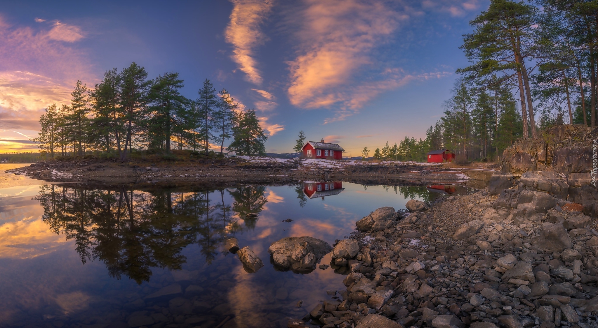 Norwegia, Ringerike, Jezioro Vaeleren, Dom, Drzewa