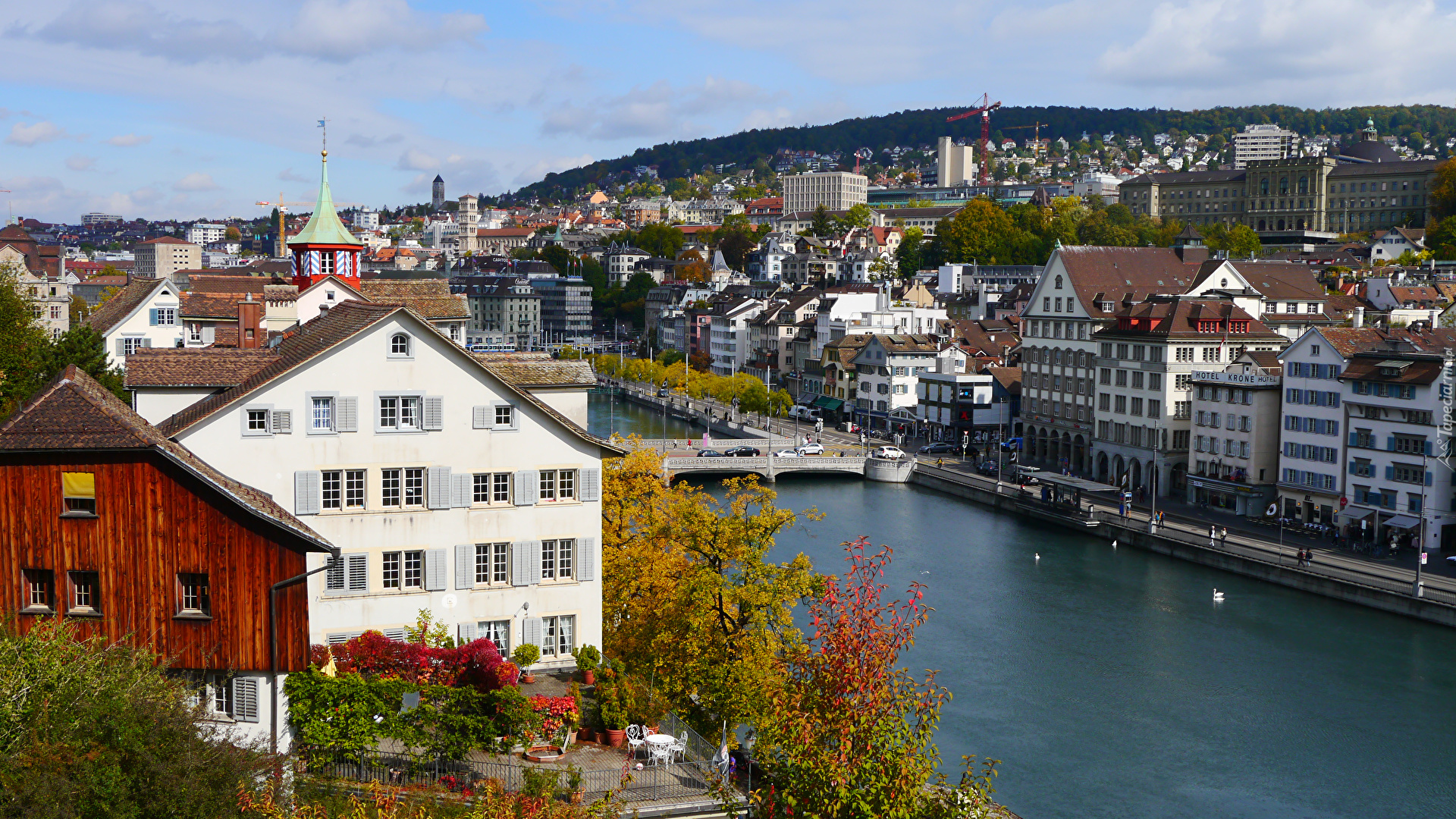 Szwajcaria, Zurych, Budynek, Rzeka Limmat, Most, Drzewa