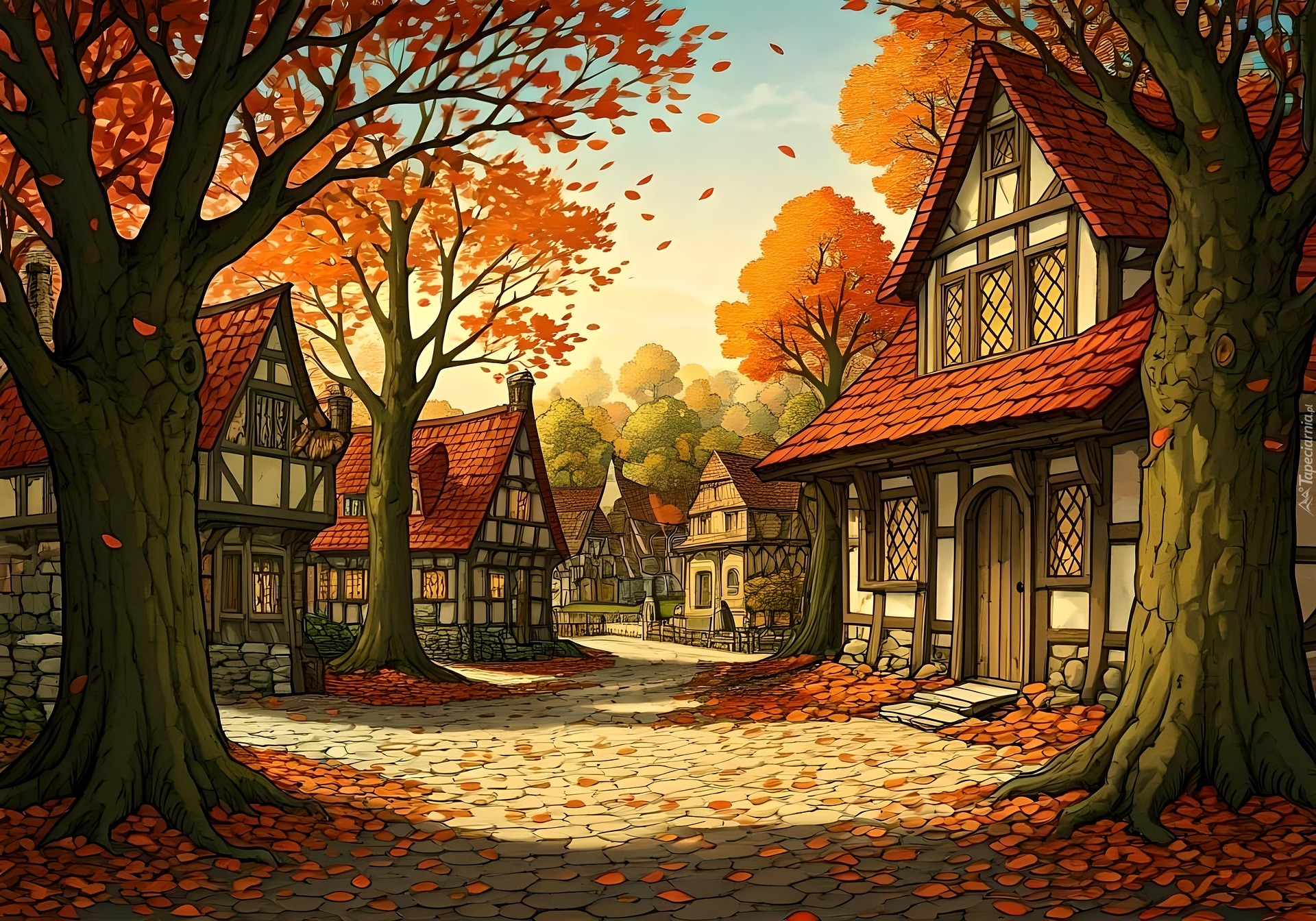 Jesień, Domy, Ulica, Drzewa