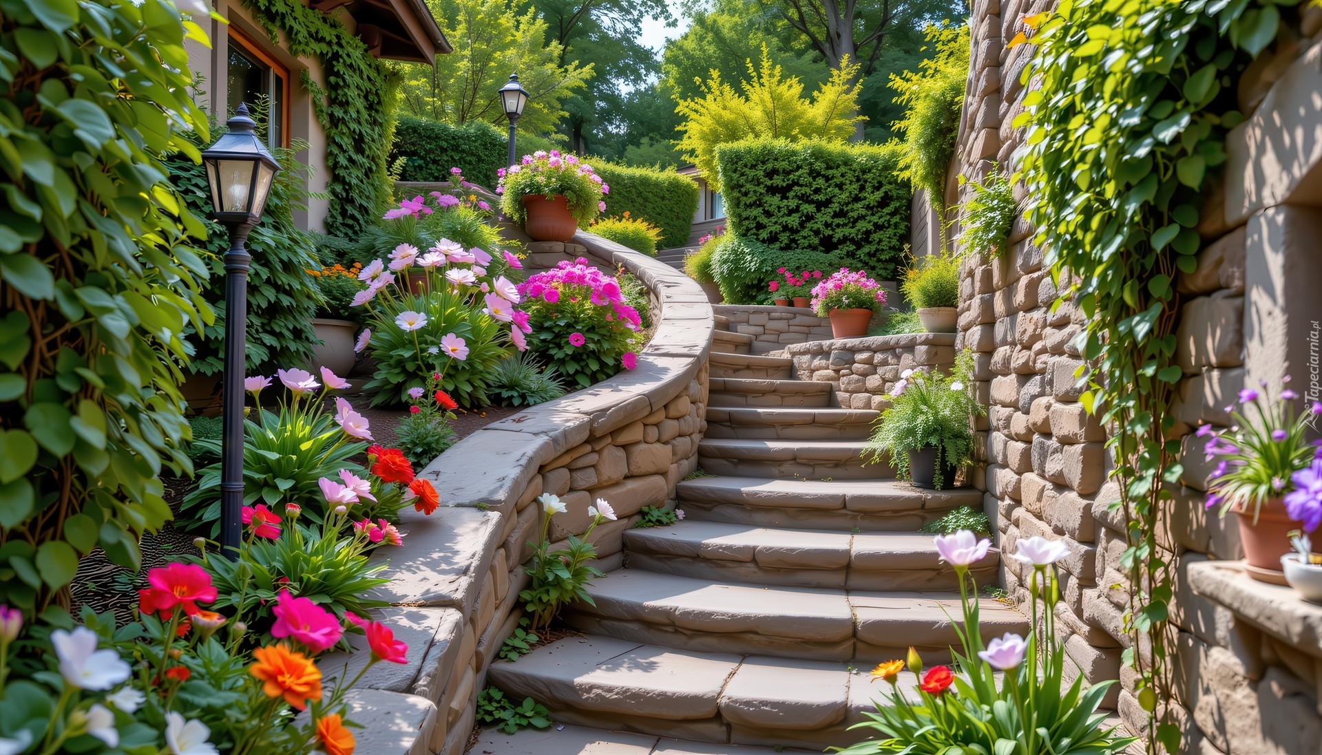 Kamienne, Schody, Domy, Latarnia, Kwiaty, Krzewy