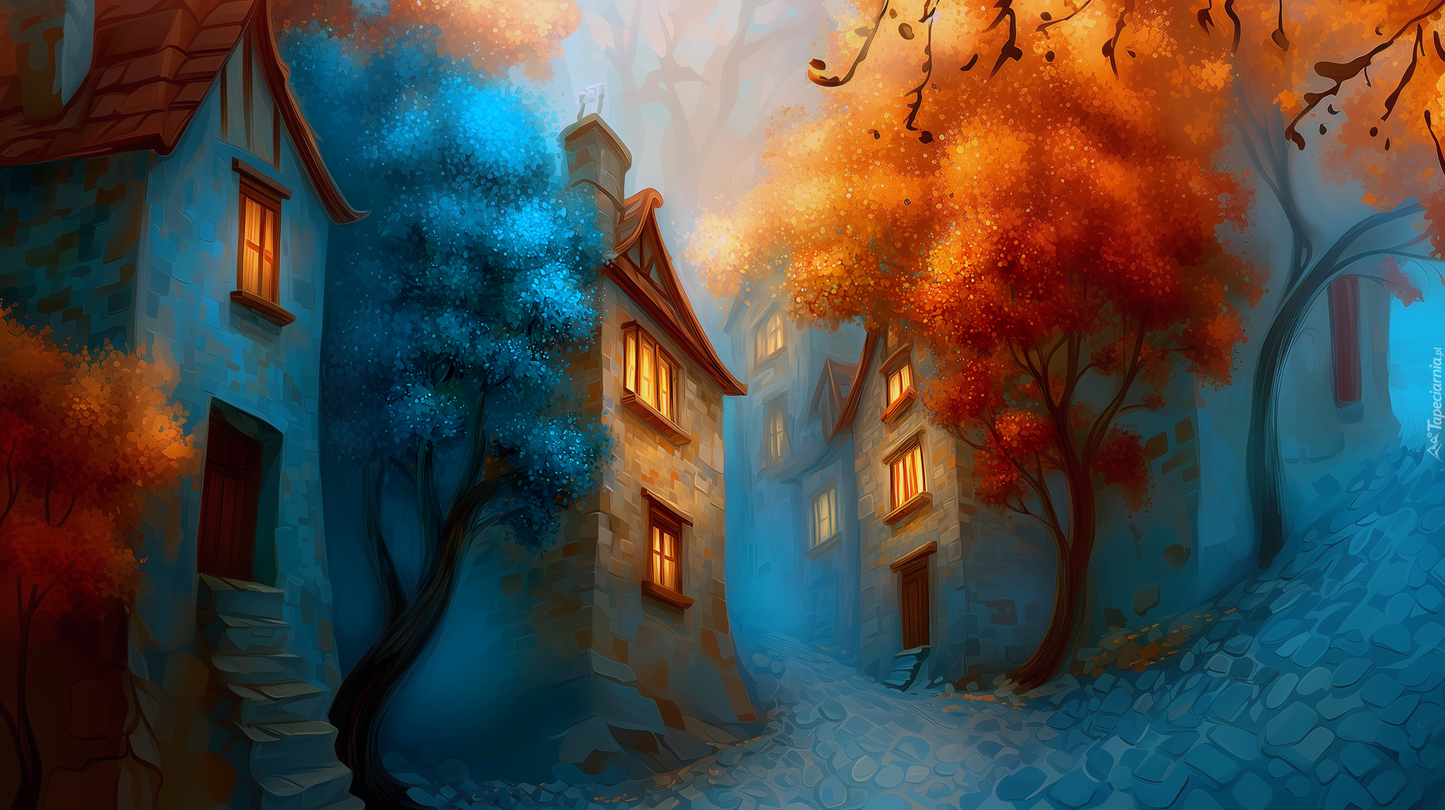 Domy, Uliczki, Niebieskie, Czerwone, Drzewa, Grafika AI