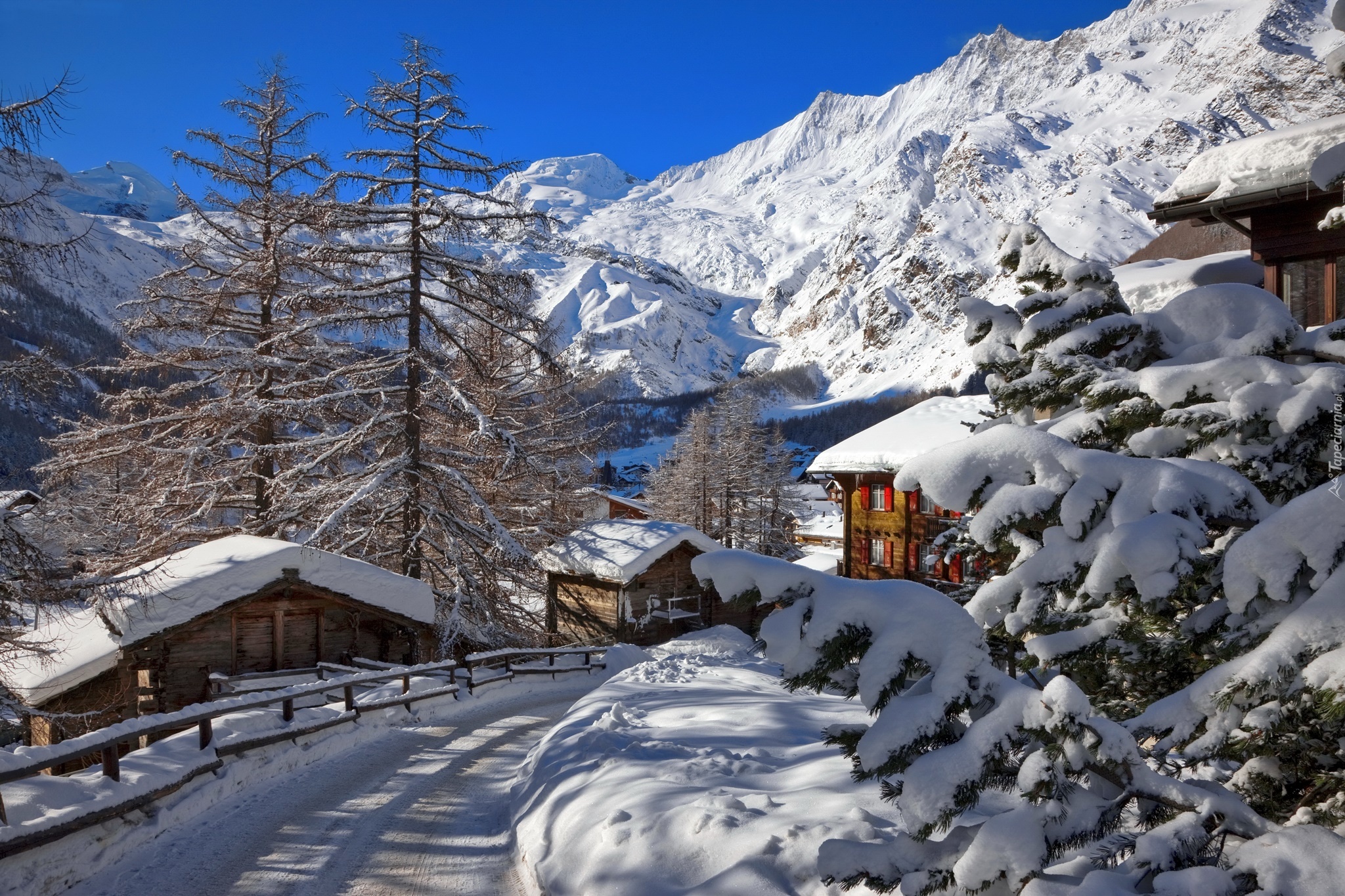 Szwajcaria, Saas-Fee, Zima, Góry, Wieś, Domy, Droga