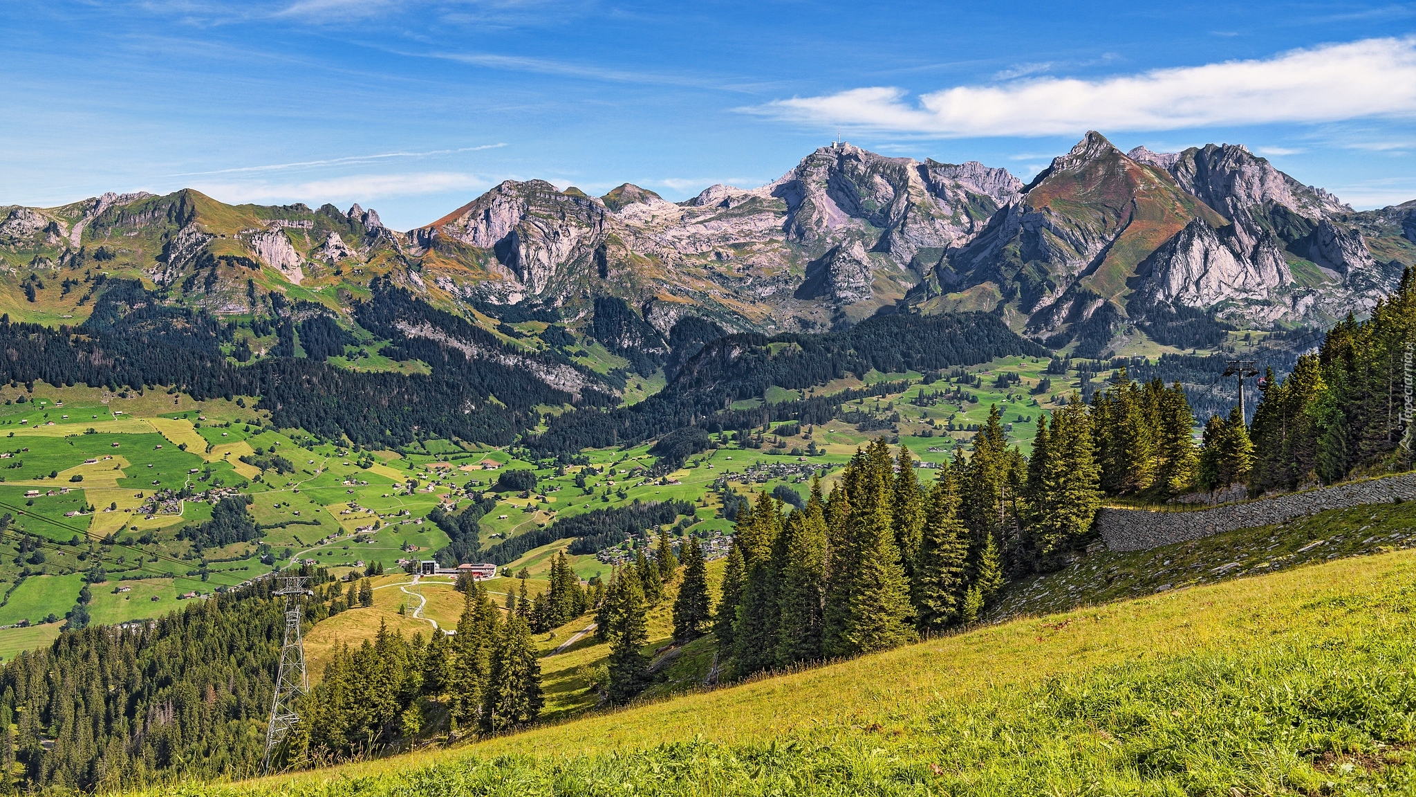 Góry, Alpy Berneńskie, Łąka, Drzewa, Dolina, Domy, Toggenburg, Szwajcaria