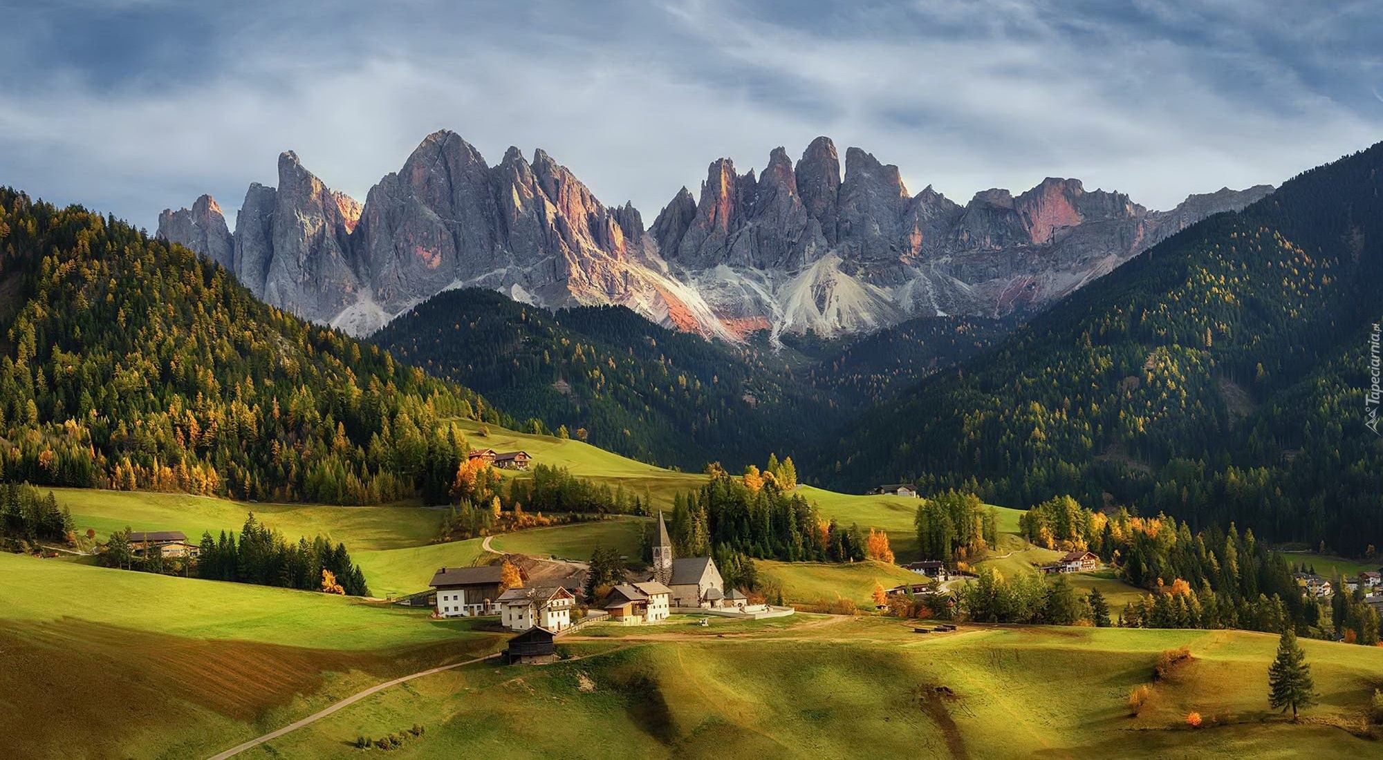 Włochy, Dolina Val di Funes, Wieś Santa Maddalena, Góry, Dolomity, Lasy, Drzewa, Domy, Kościół