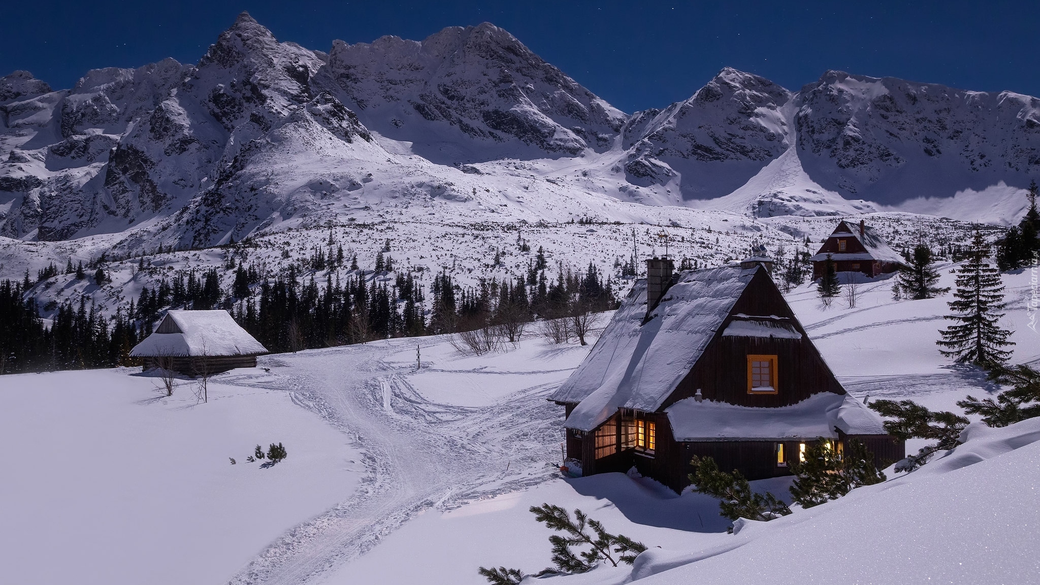 Polska, Góry, Tatry, Dolina Zielona Gąsienicowa, Zima, Domy, Drzewa