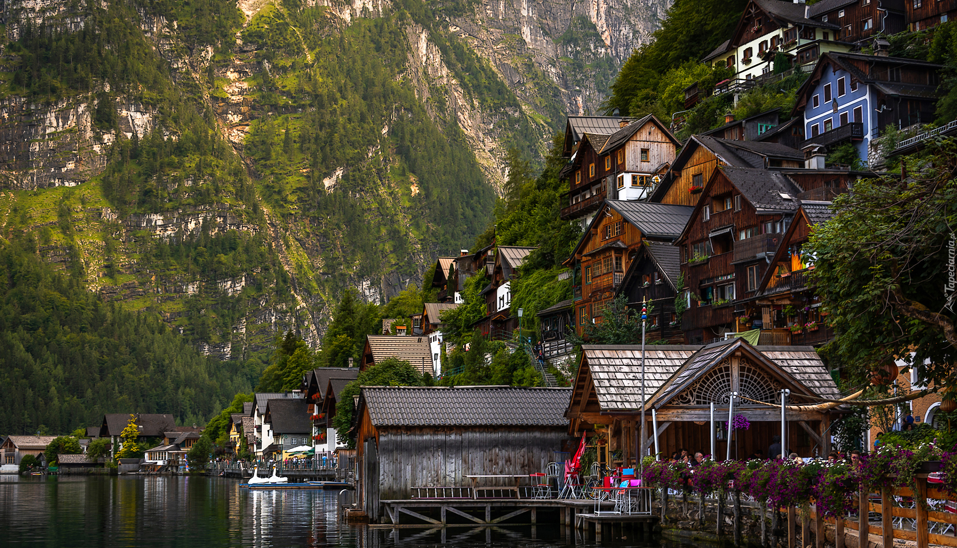 Góry, Alpy Salzburskie, Jezioro, Hallstattersee, Domy, Hallstatt, Austria