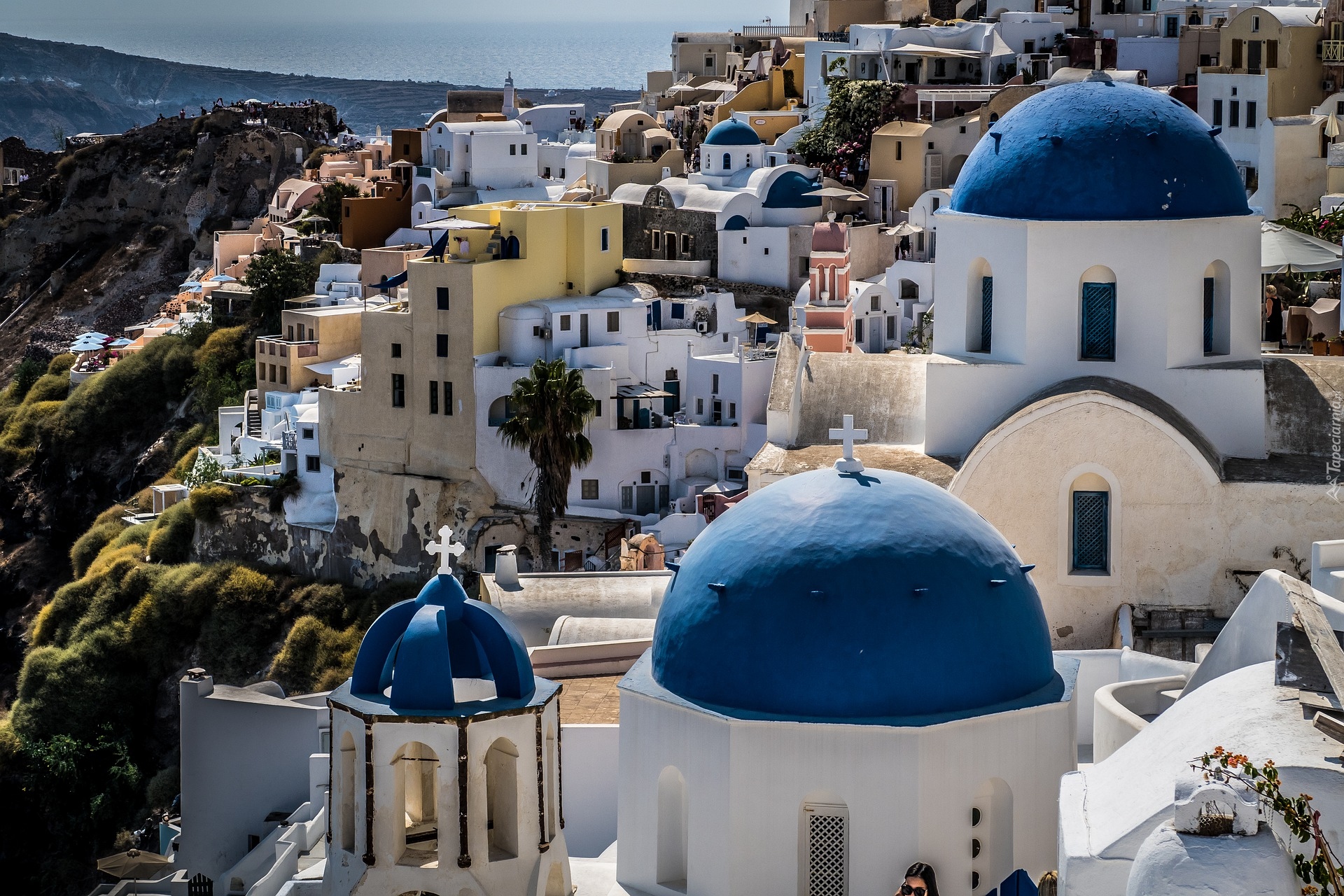 Domy, Niebieskie, Dachy, Wioska Oia, Santorini, Grecja