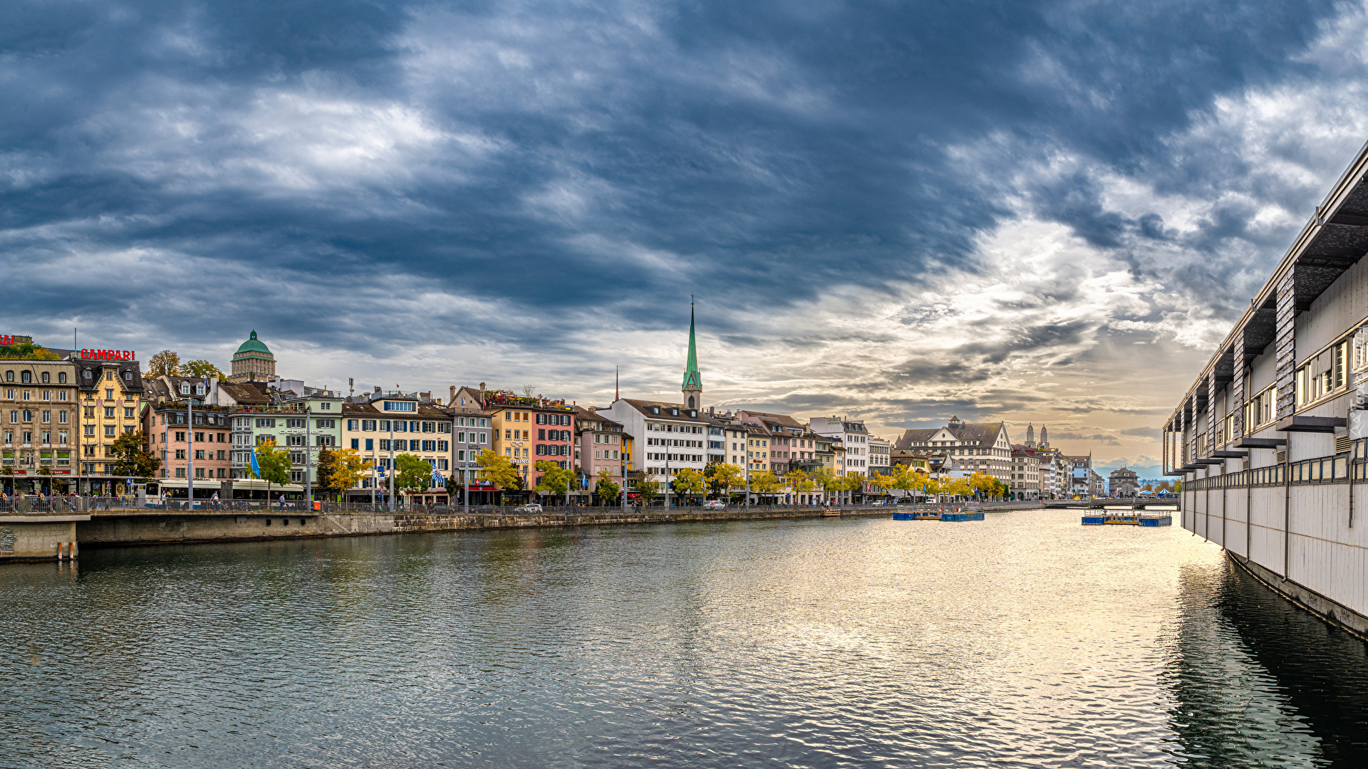 Szwajcaria, Miasto, Zurych, Rzeka Limmat, Domy, Niebo, Chmury