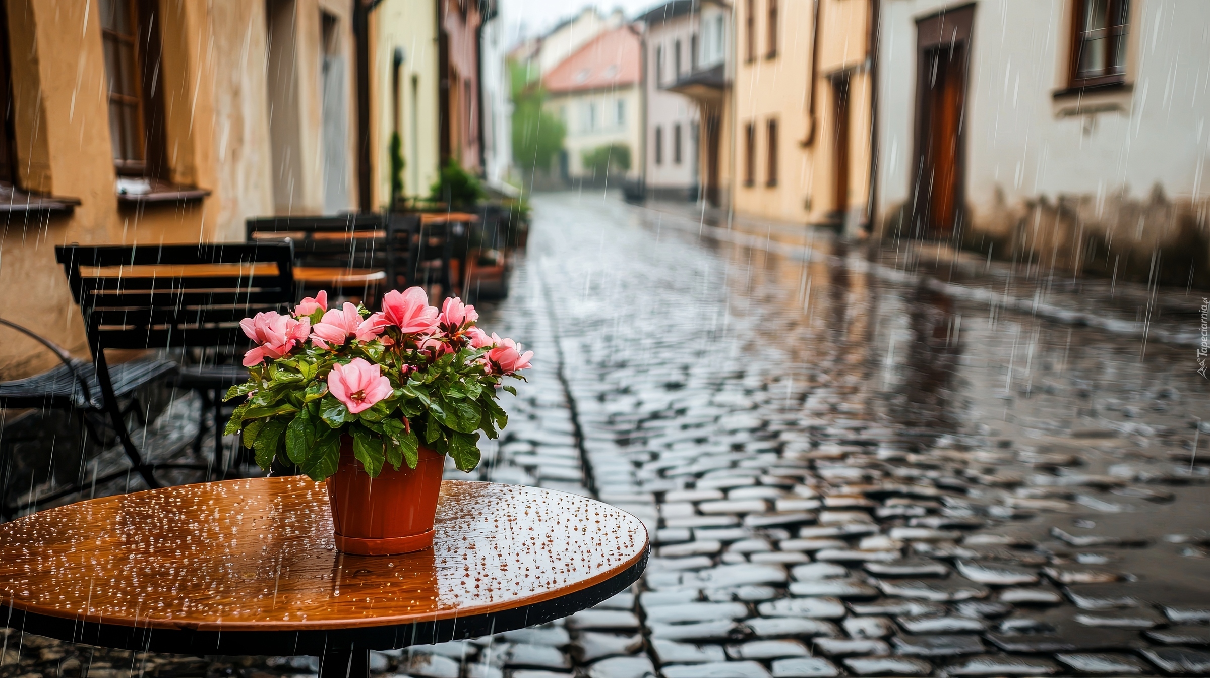 Domy, Ulica, Deszcz, Stół, Wazon, Kwiaty, Grafika AI