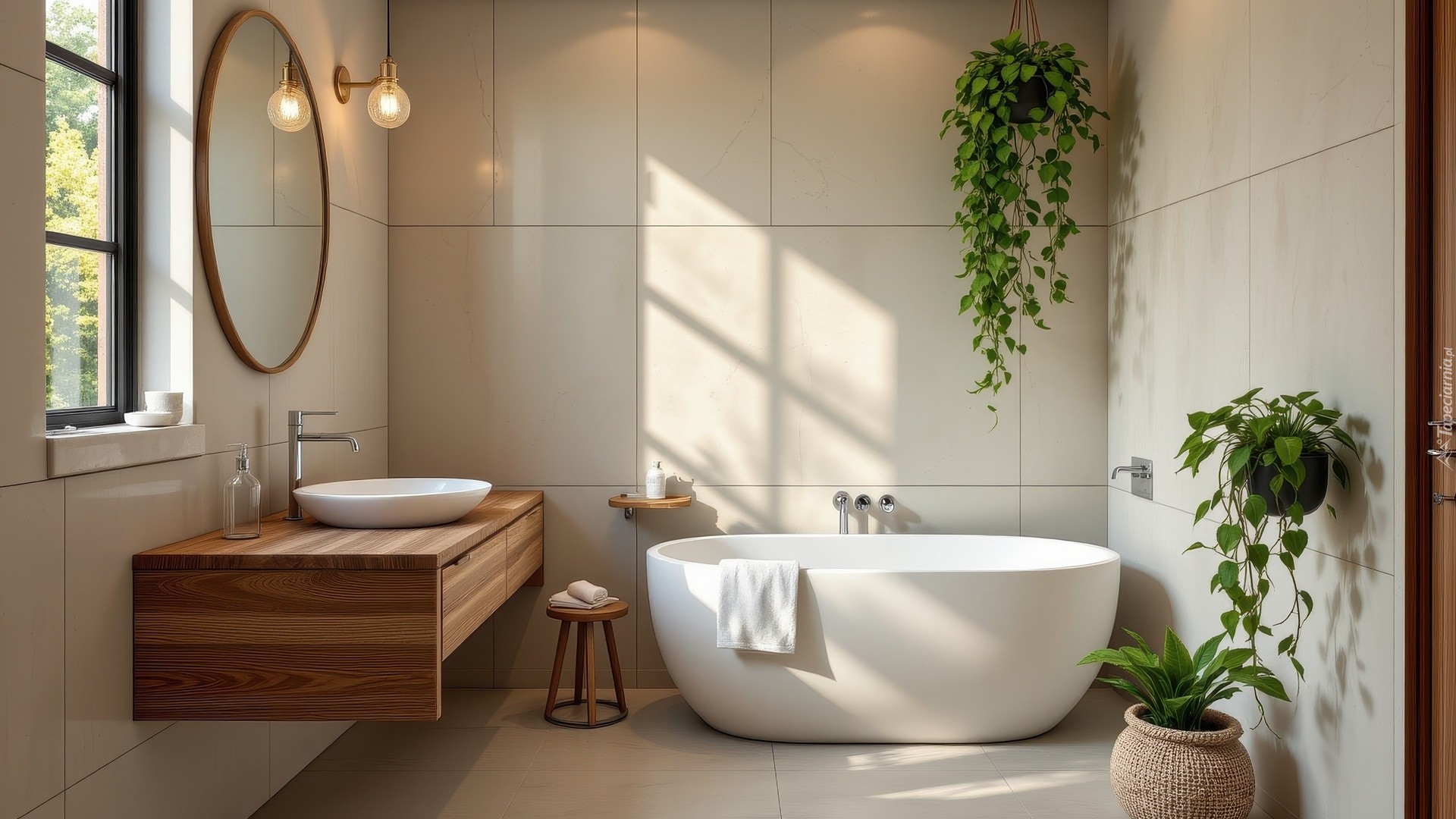 Łazienka, Wanna, Umywalka, Szafka, Lustro, Kwiaty, Okno, Kinkiet